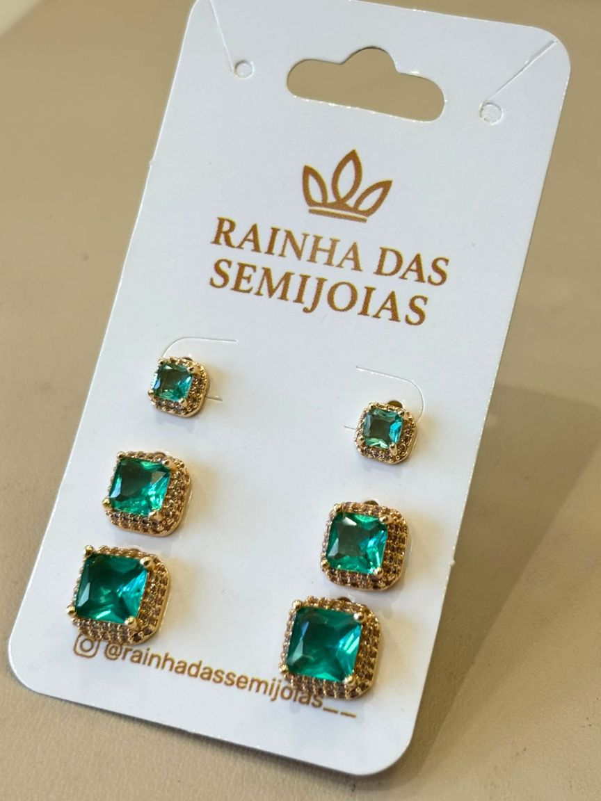 Trio de Brincos Ponto de Luz Quadrado Cravejado Verde Água
