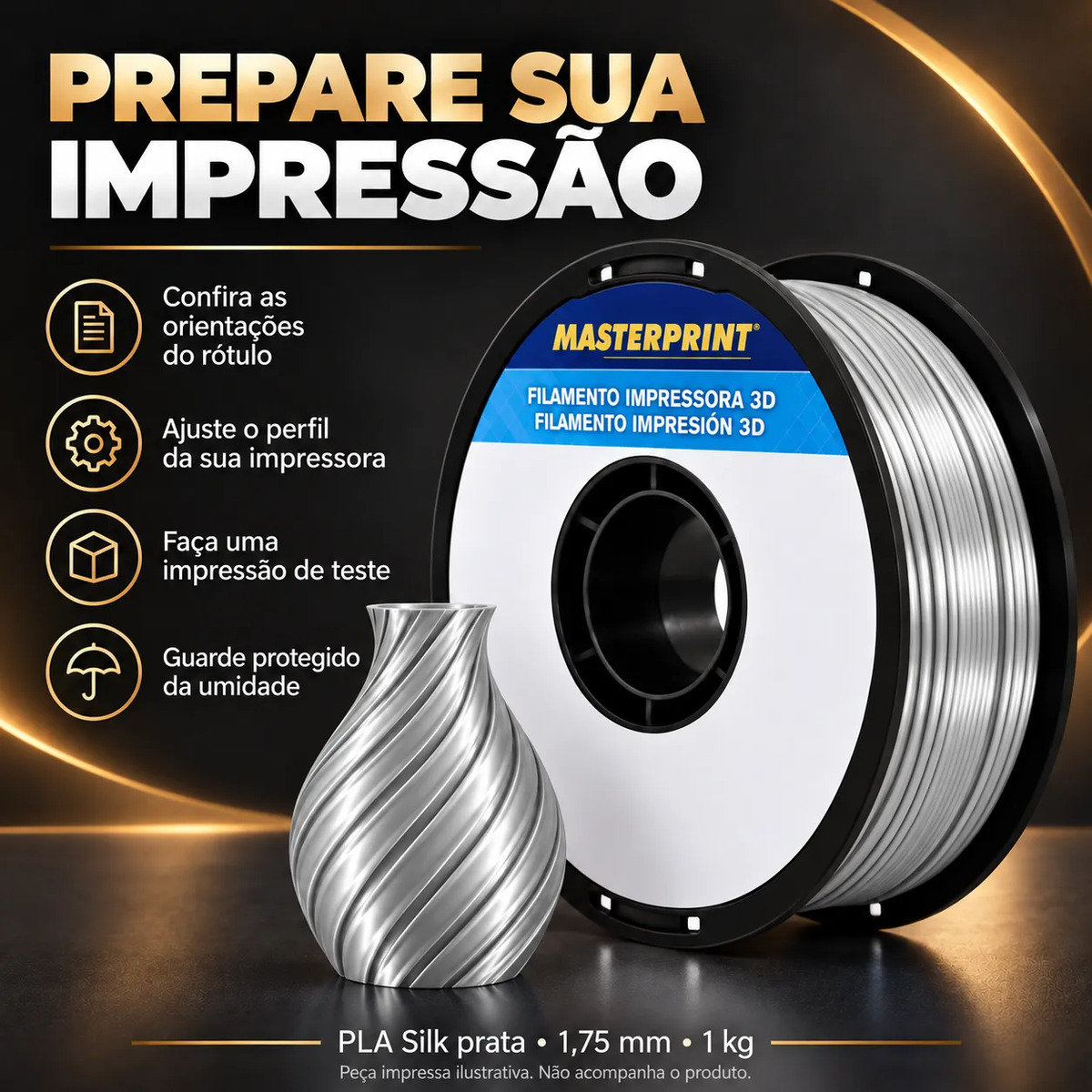 Filamento PLA Silk Prata Masterprint 1kg 1,75mm