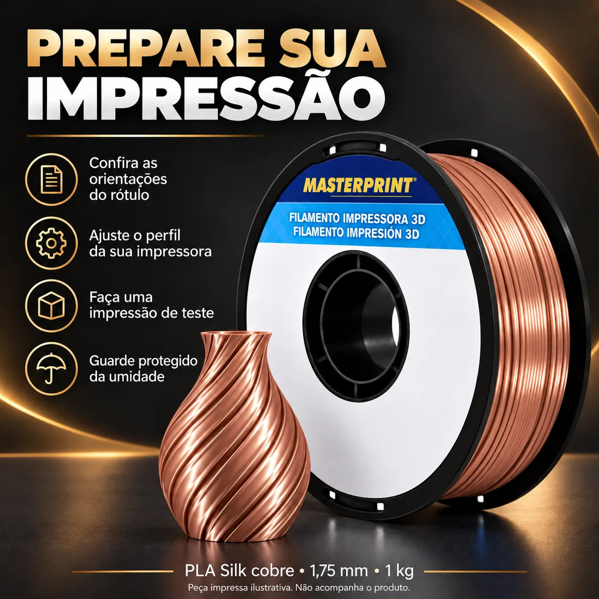 Filamento PLA Silk Cobre Masterprint 1kg 1,75mm