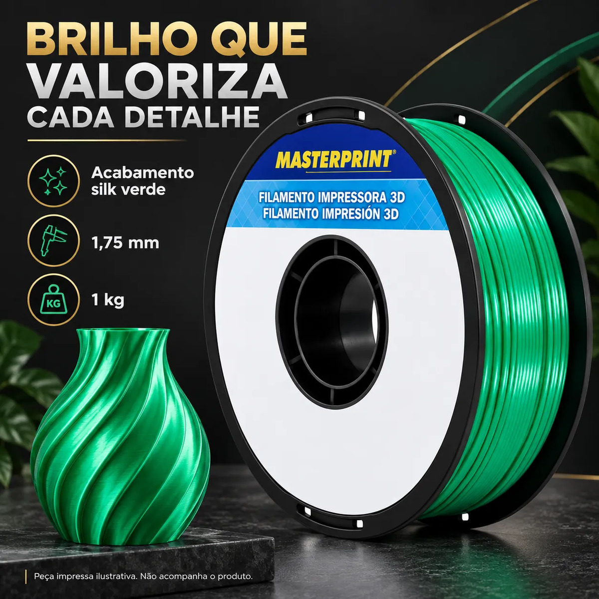 Filamento PLA Silk Verde Masterprint 1kg 1,75mm