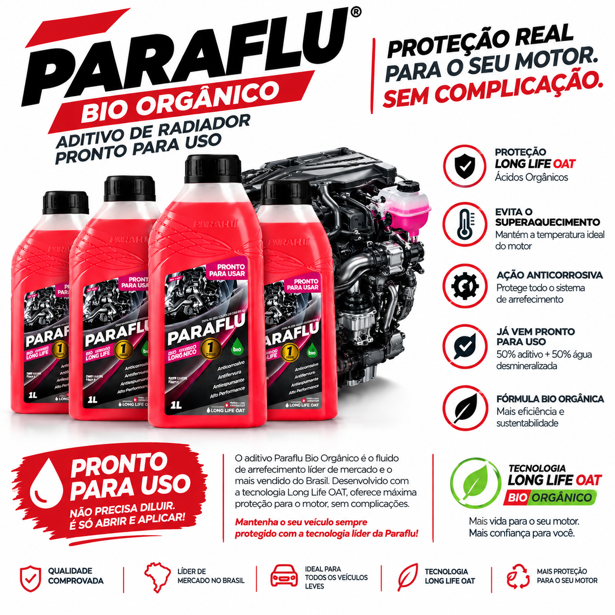 Kit 4 Aditivos Radiador Paraflu Rosa Pronto Para Uso 1L Bio Orgânico Long Life
