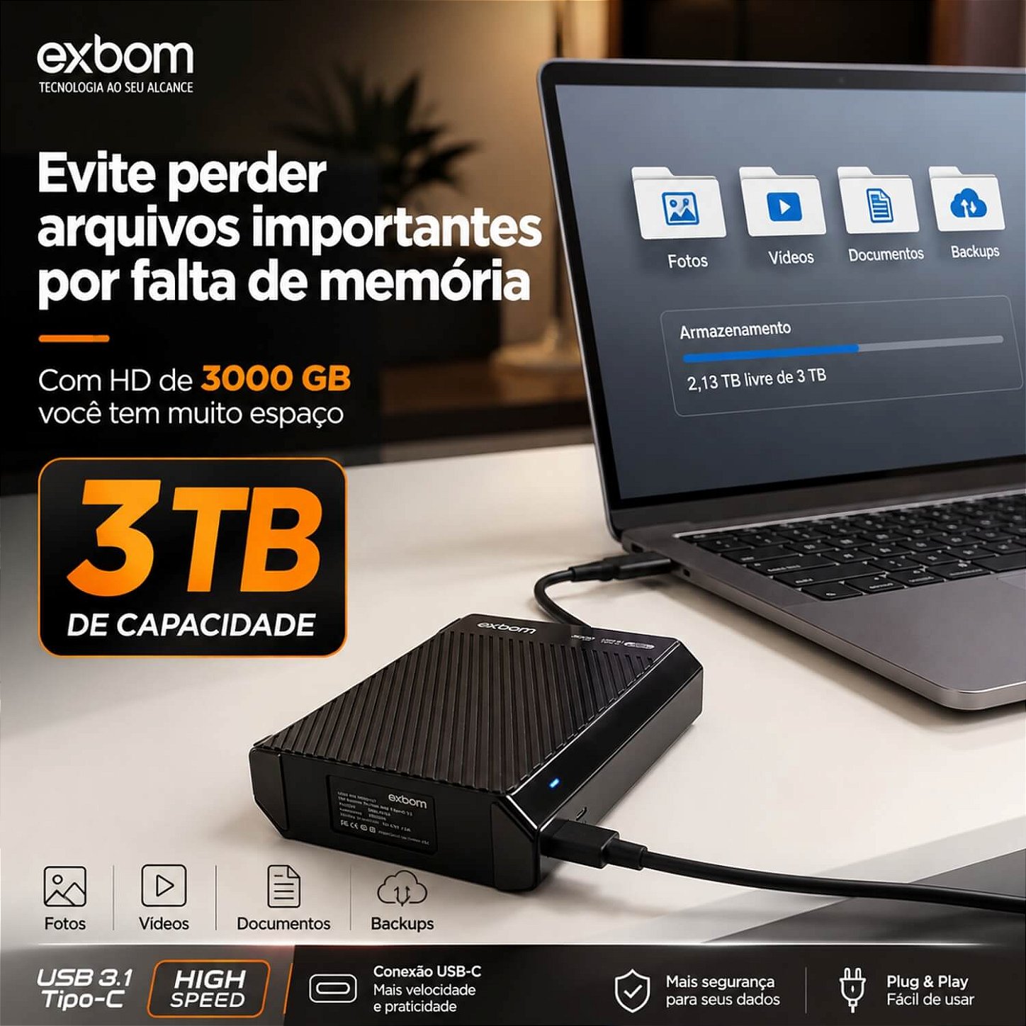 HD Externo Slimvault 3TB USB 3.1