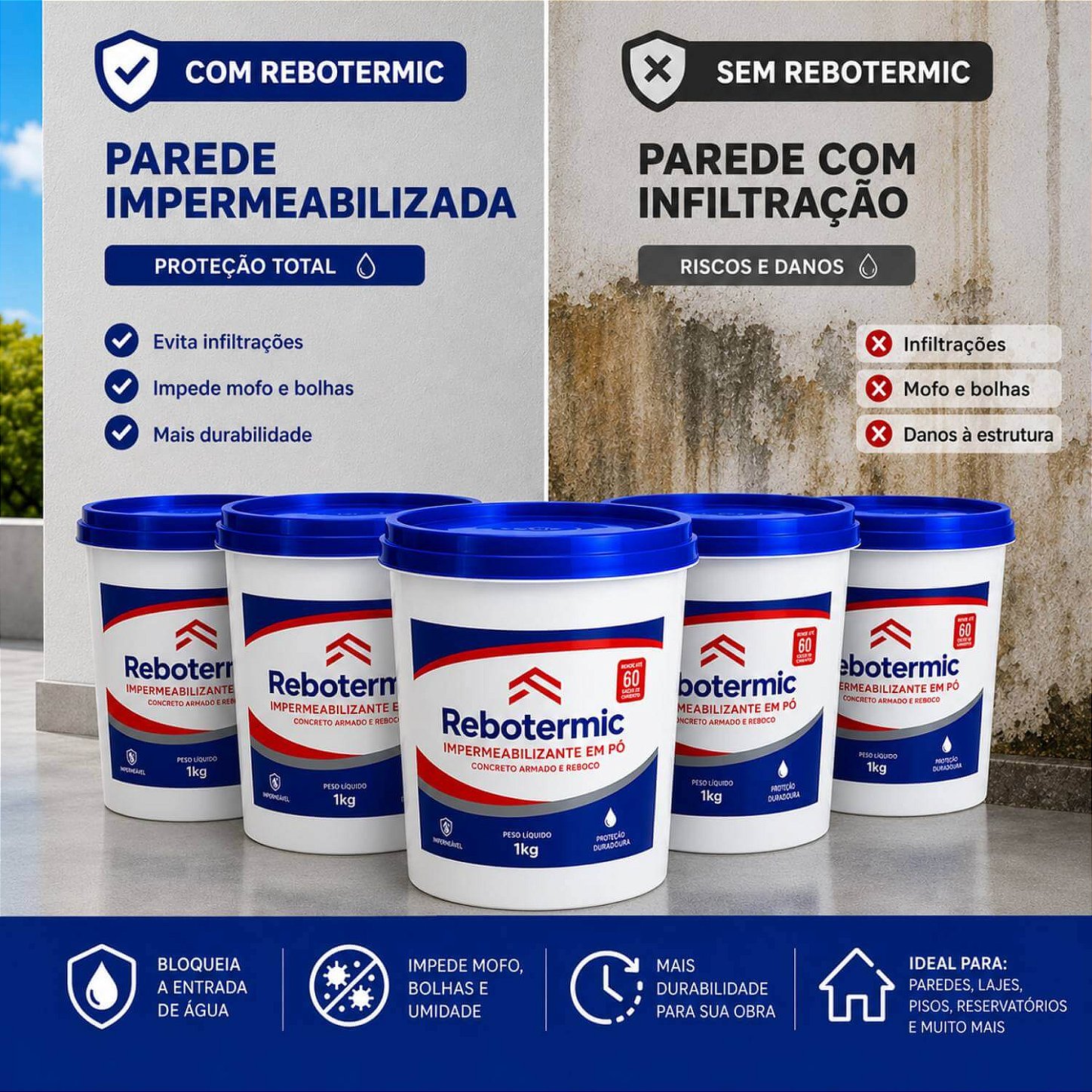Kit 5 Rebotermic Impermeabilizante em Pó 1kg