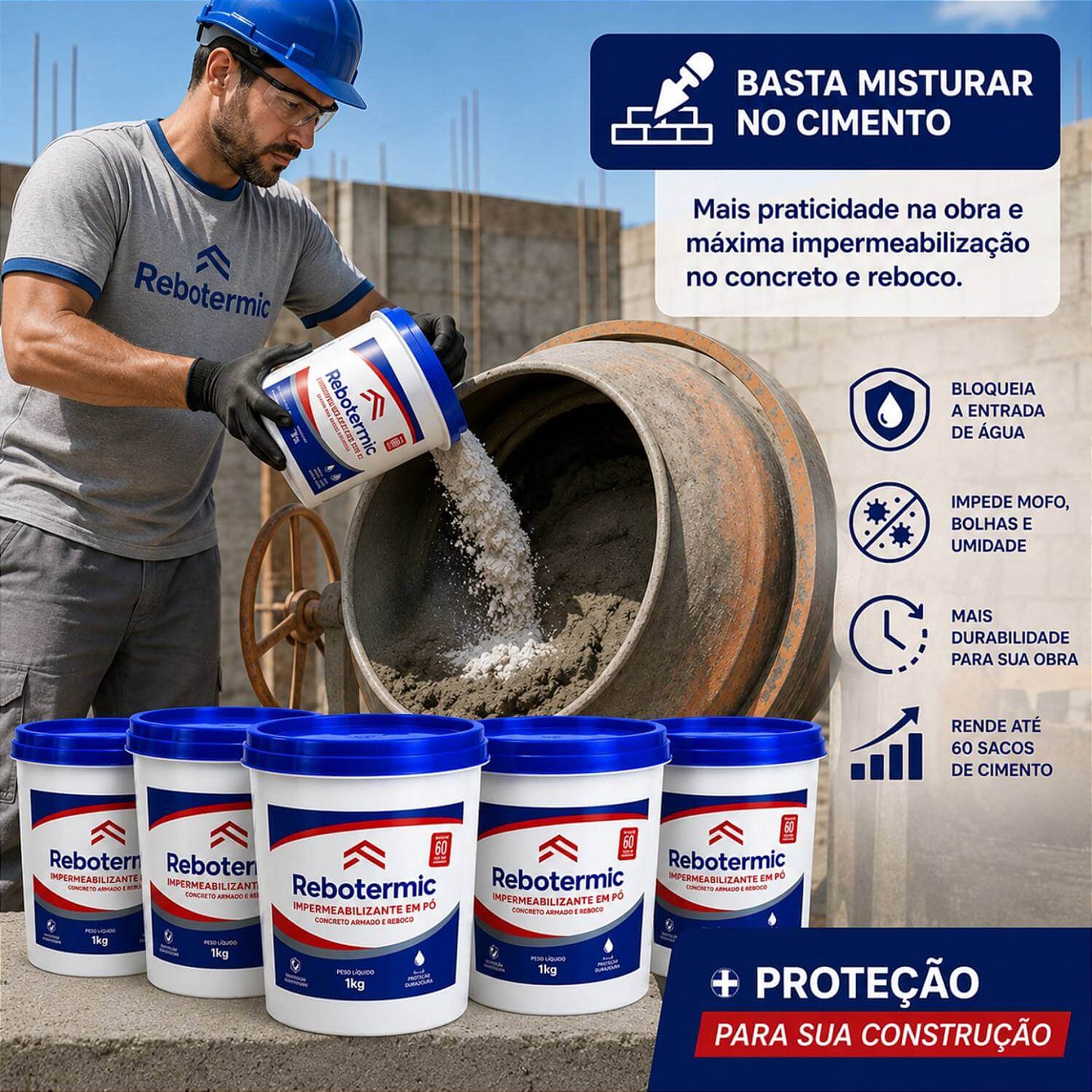 Kit 5 Rebotermic Impermeabilizante em Pó 1kg