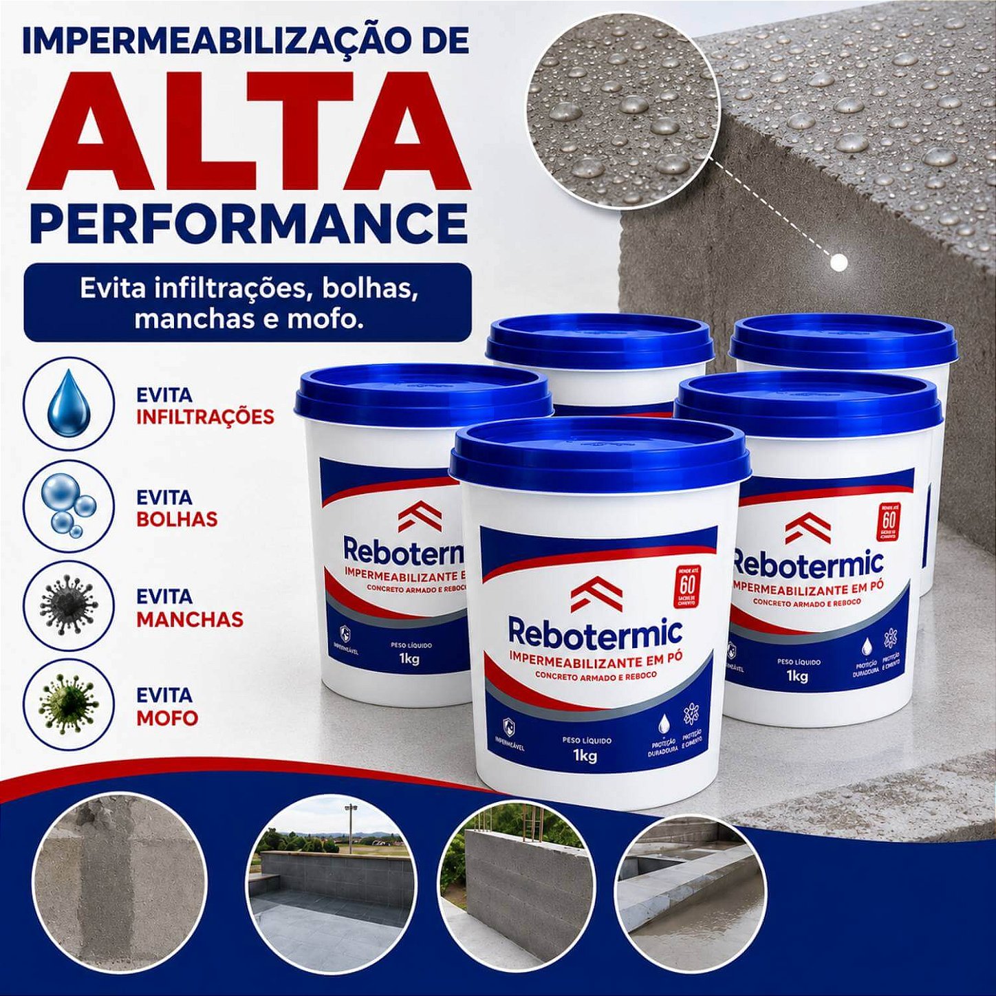 Kit 5 Rebotermic Impermeabilizante em Pó 1kg