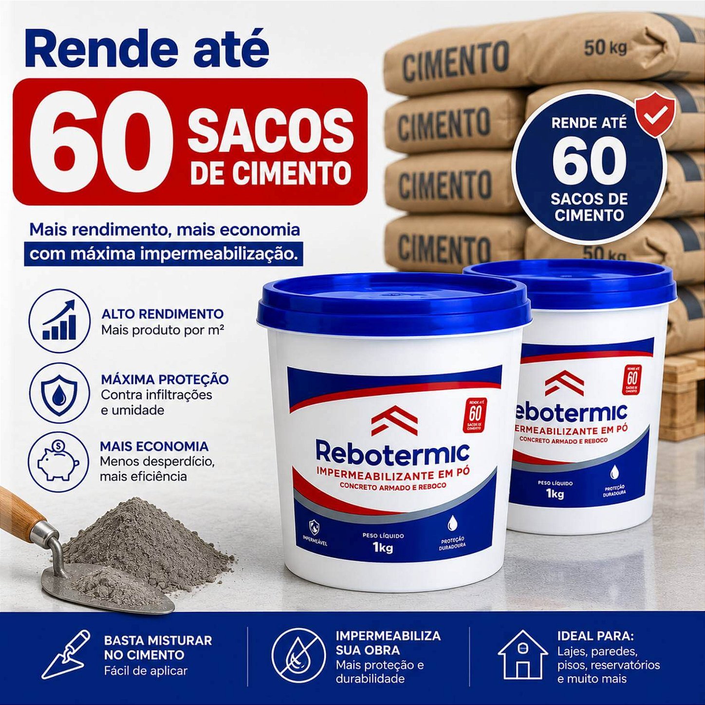 Kit 2 Rebotermic Impermeabilizante em Pó 1kg