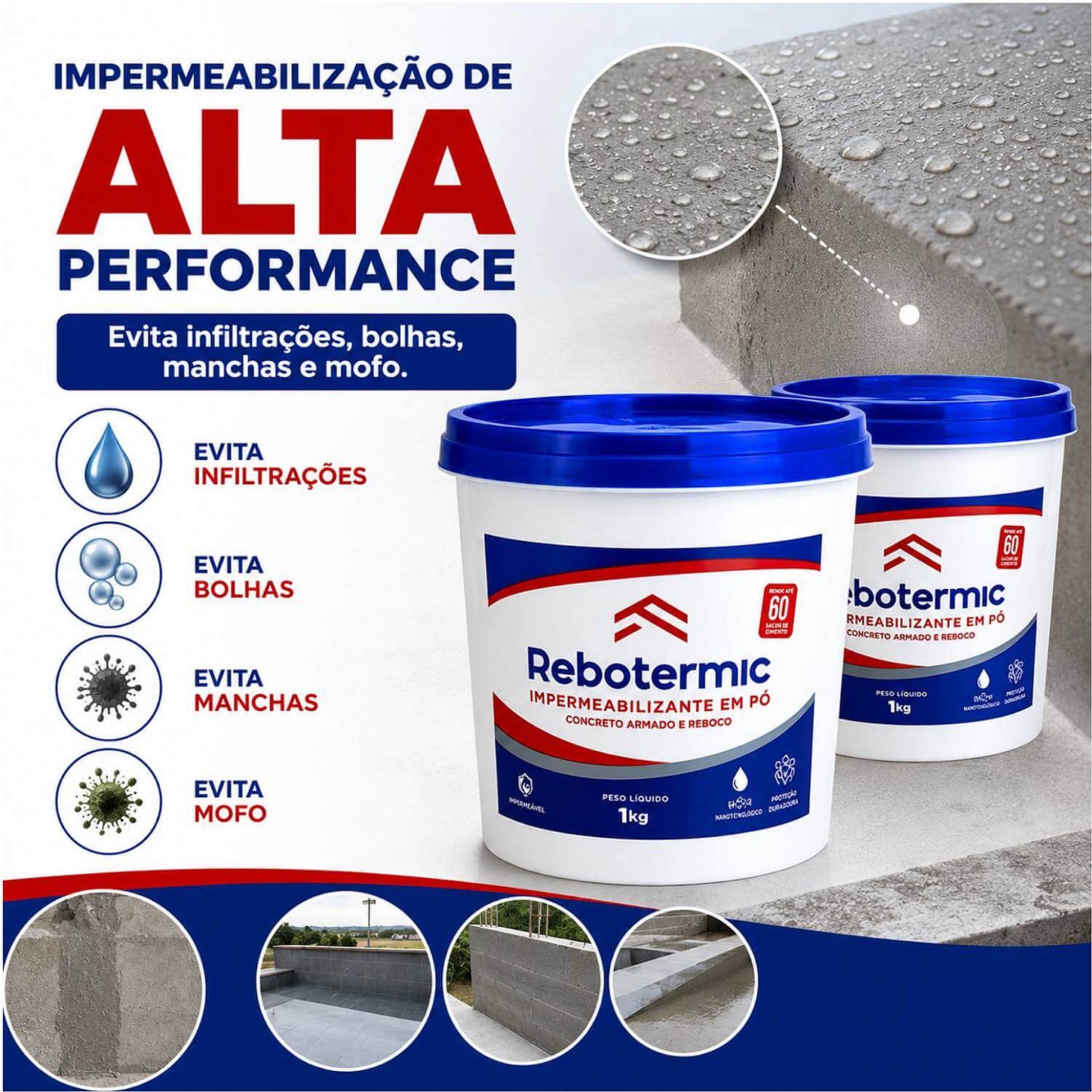 Kit 2 Rebotermic Impermeabilizante em Pó 1kg