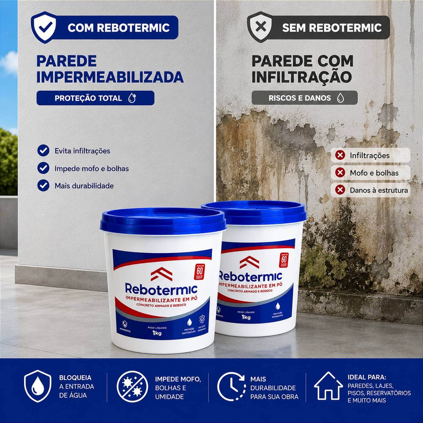 Kit 2 Rebotermic Impermeabilizante em Pó 1kg