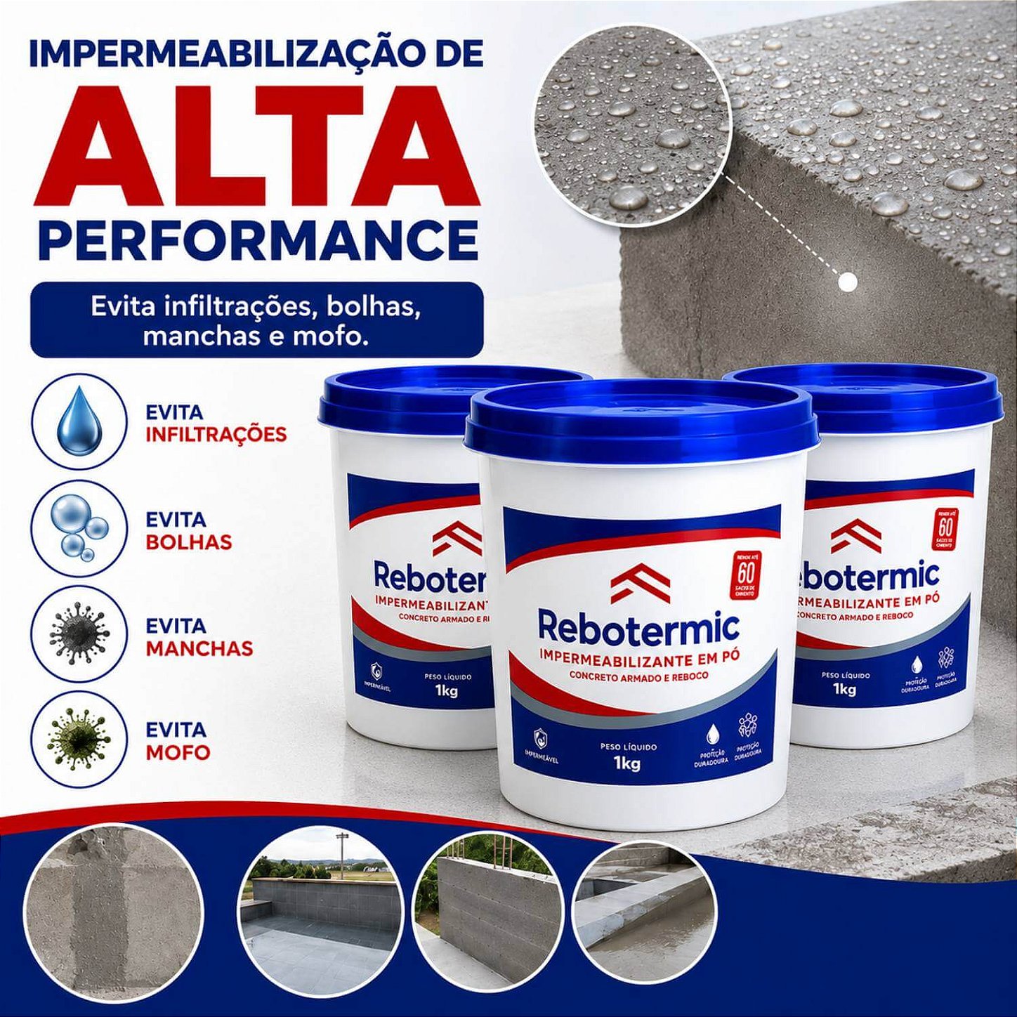Kit 3 Rebotermic Impermeabilizante em Pó 1kg
