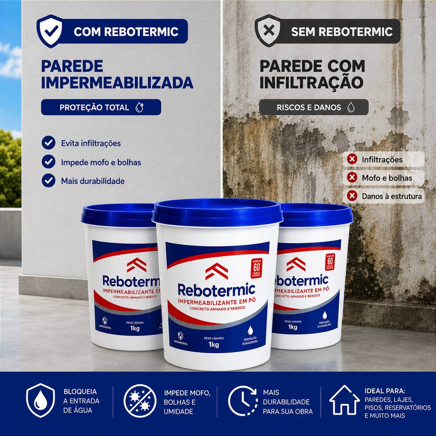 Kit 3 Rebotermic Impermeabilizante em Pó 1kg