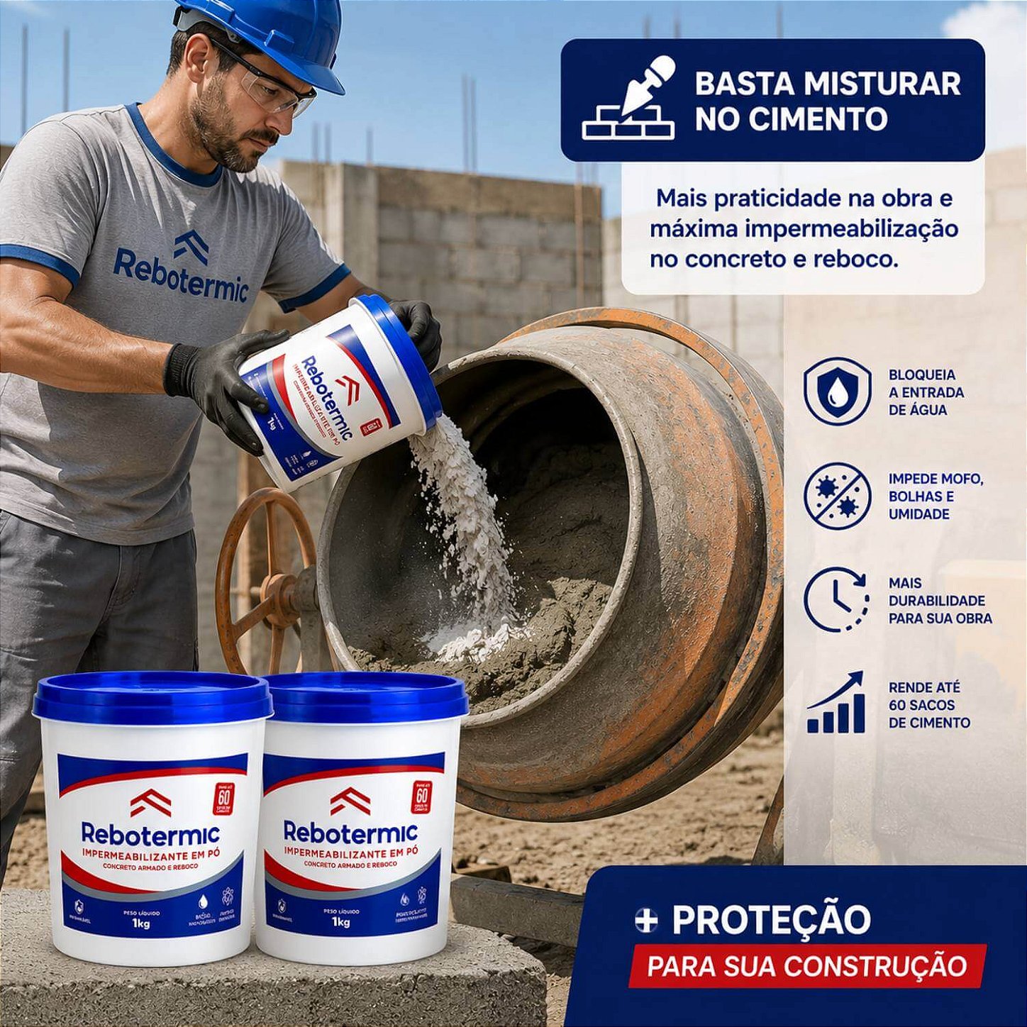 Kit 3 Rebotermic Impermeabilizante em Pó 1kg