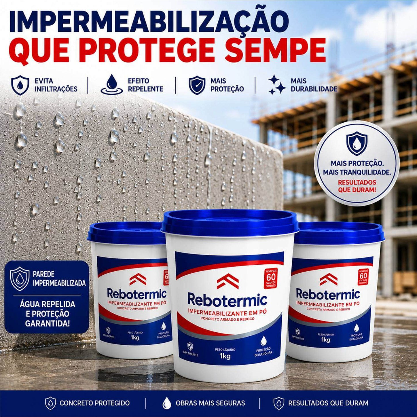 Kit 3 Rebotermic Impermeabilizante em Pó 1kg