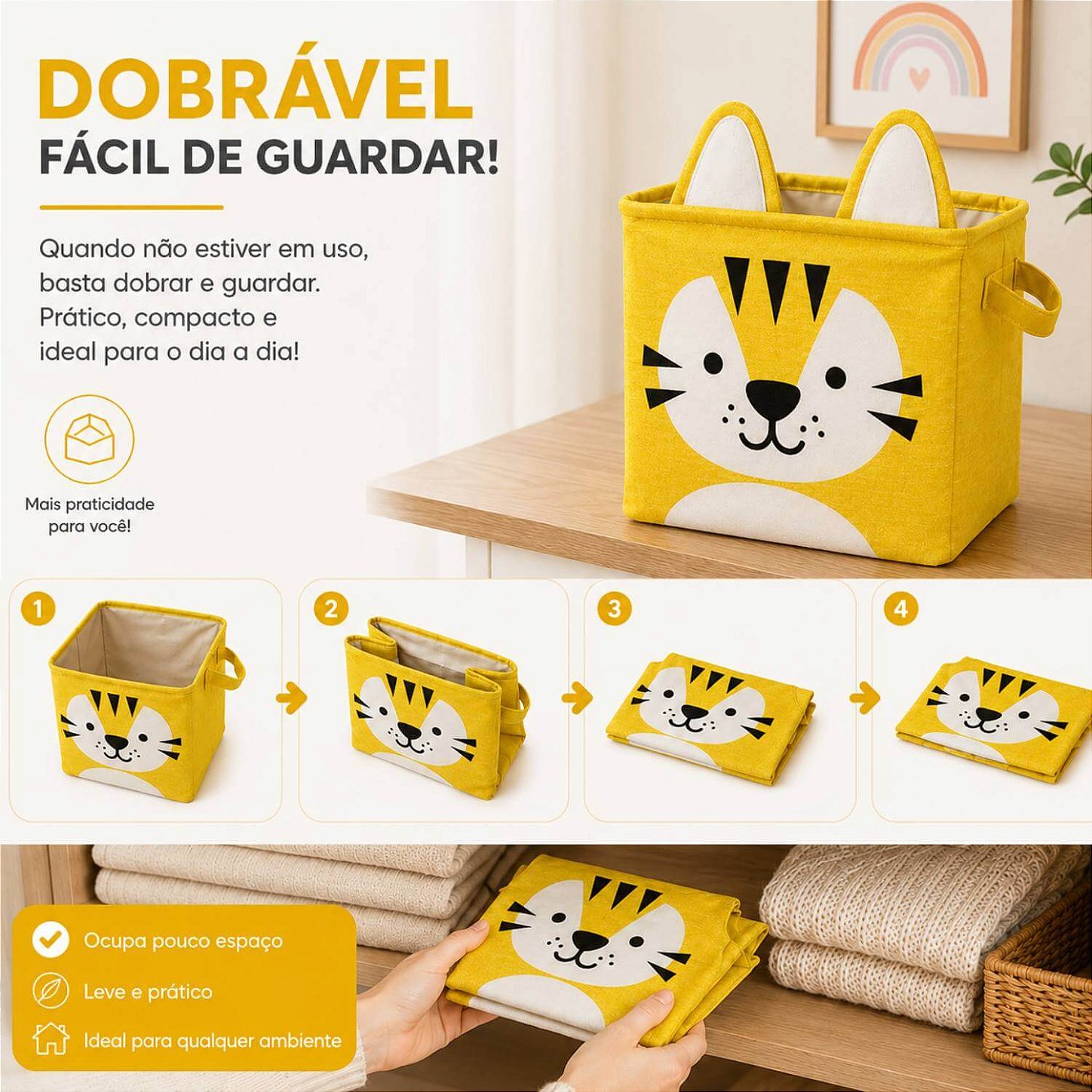 Cesto Organizador Infantil Dobrável para Brinquedos e Roupas [Amarelo]