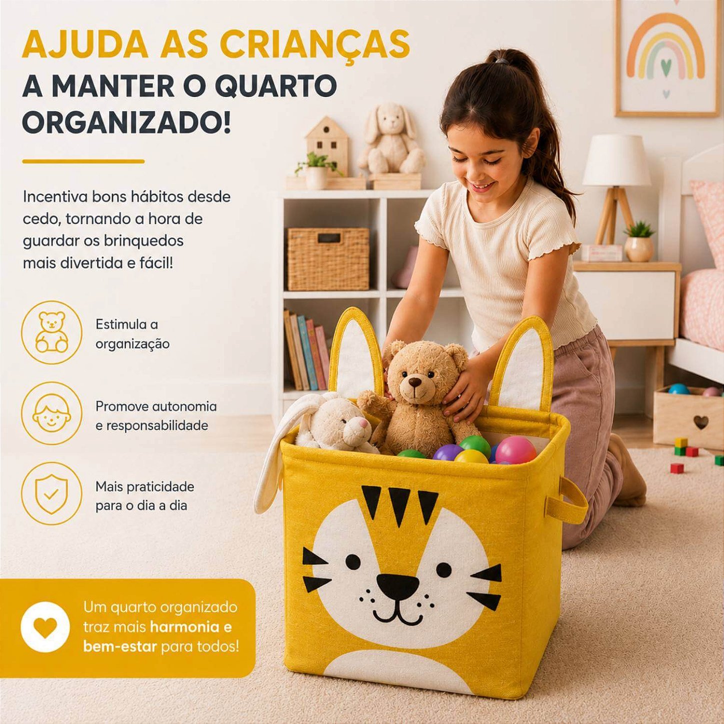 Cesto Organizador Infantil Dobrável para Brinquedos e Roupas [Amarelo]