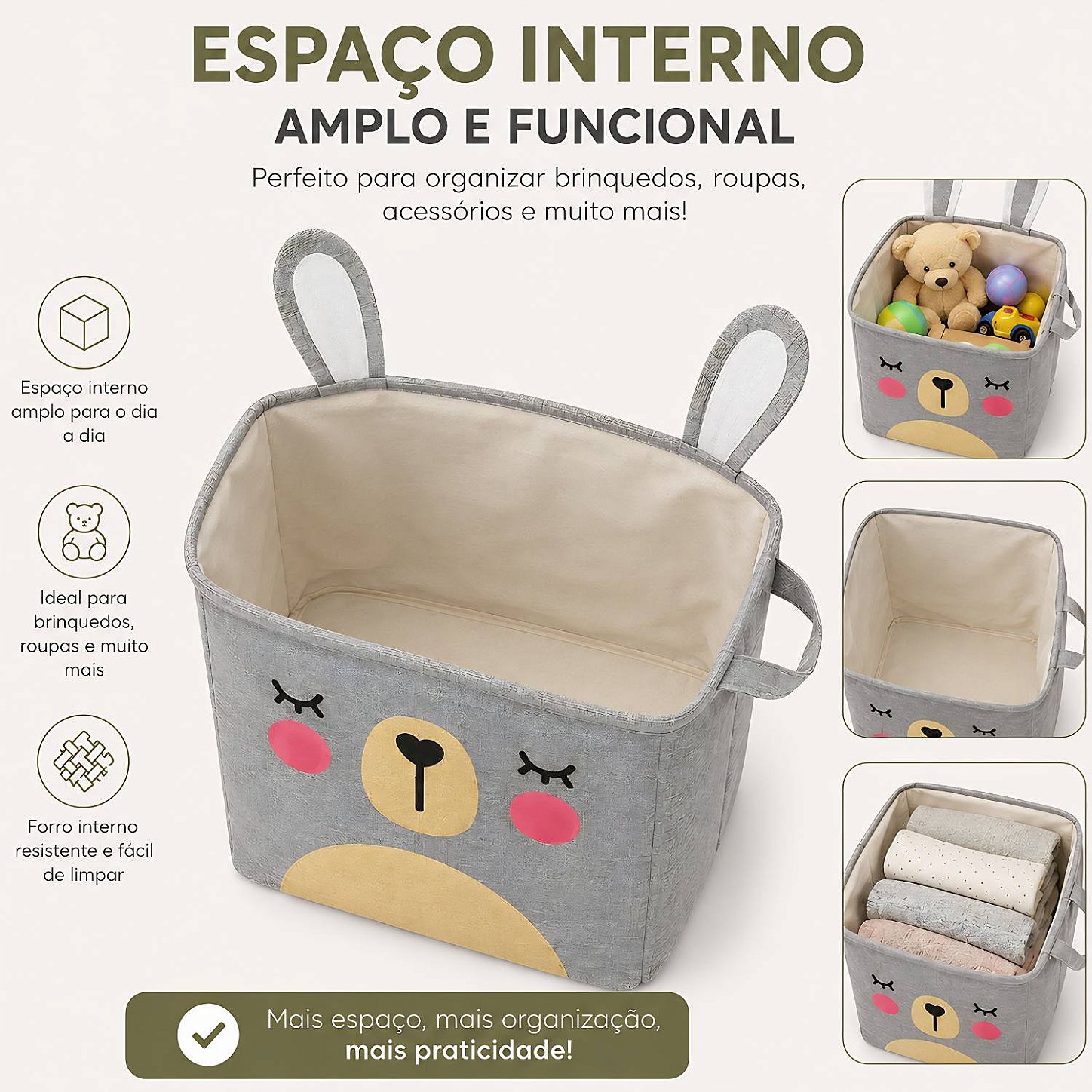 Cesto Organizador Infantil Dobrável para Brinquedos e Roupas [Cinza]
