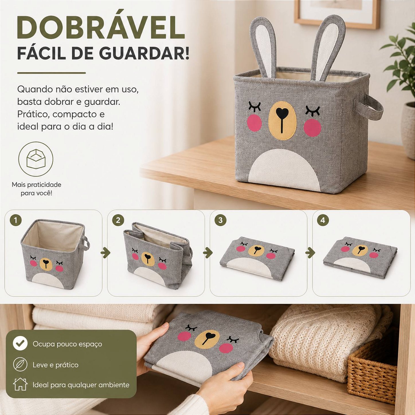 Cesto Organizador Infantil Dobrável para Brinquedos e Roupas [Cinza]
