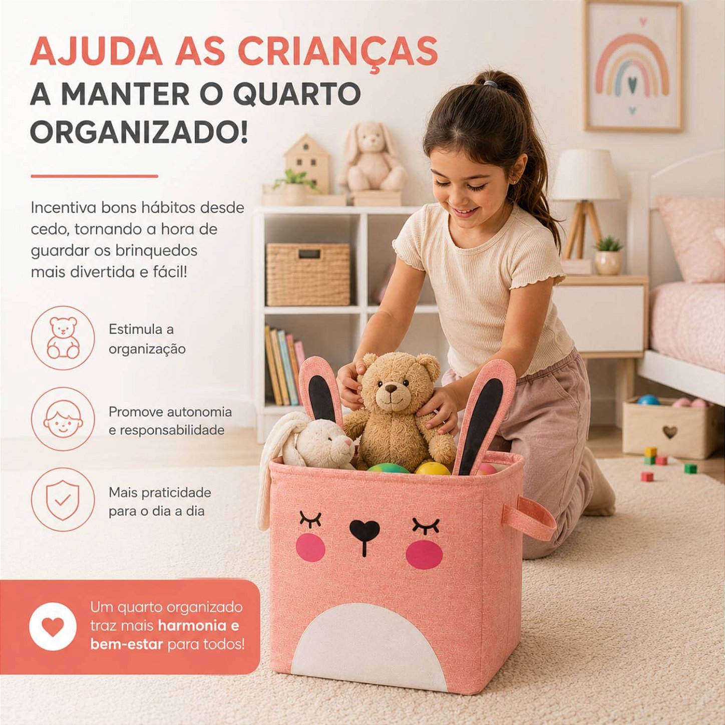 Cesto Organizador Infantil Dobrável para Brinquedos e Roupas [Rosa]