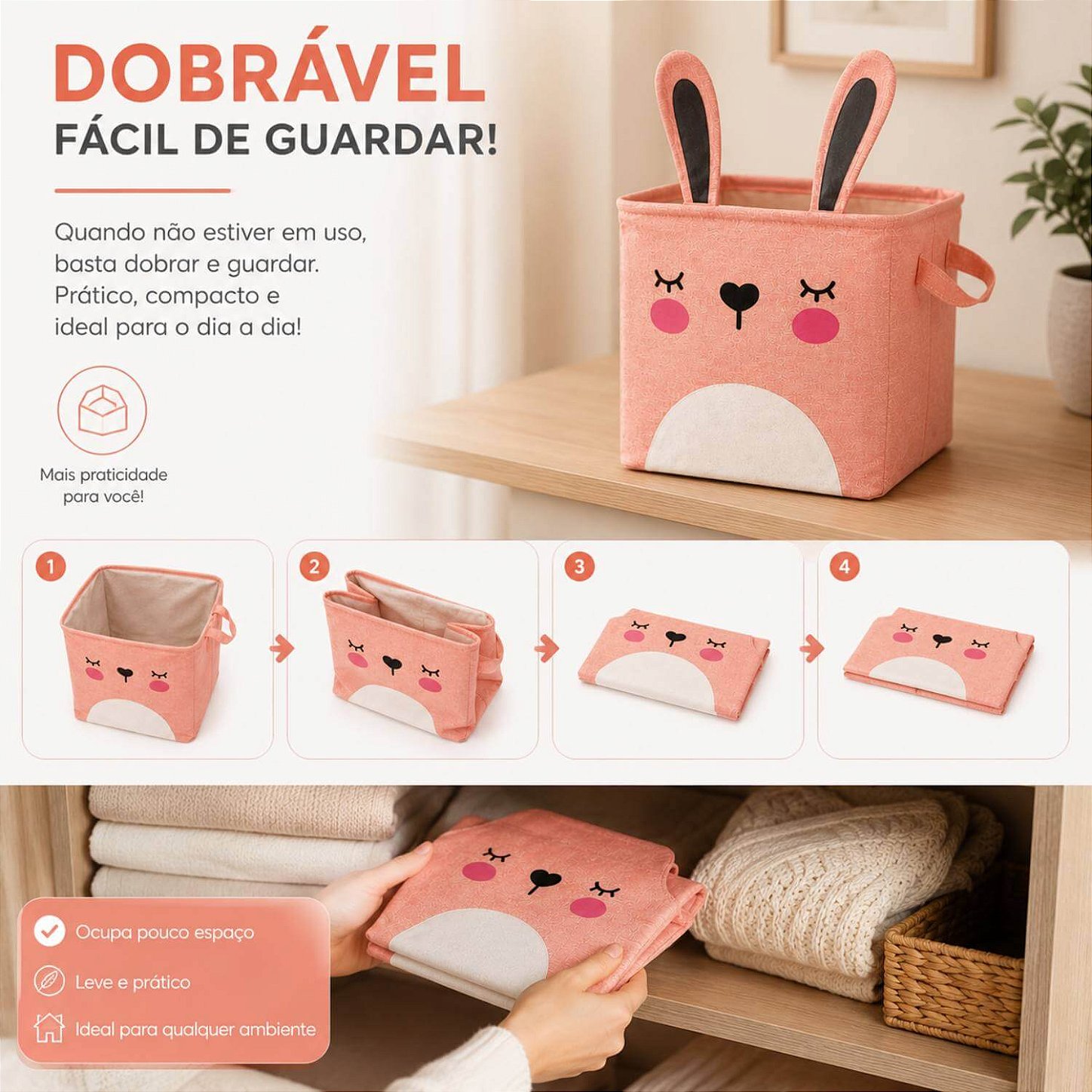 Cesto Organizador Infantil Dobrável para Brinquedos e Roupas [Rosa]