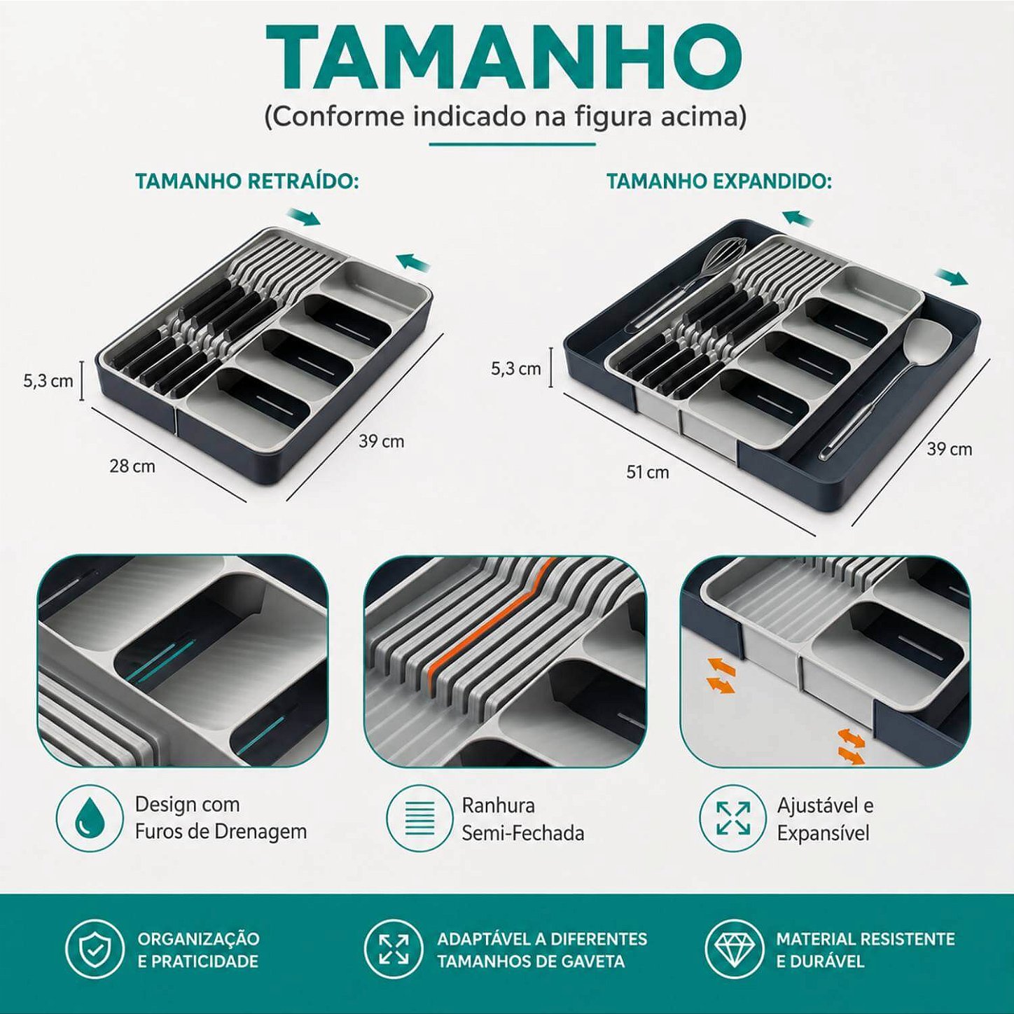 Organizador Ajustável para Talheres e Utensílios de Cozinha