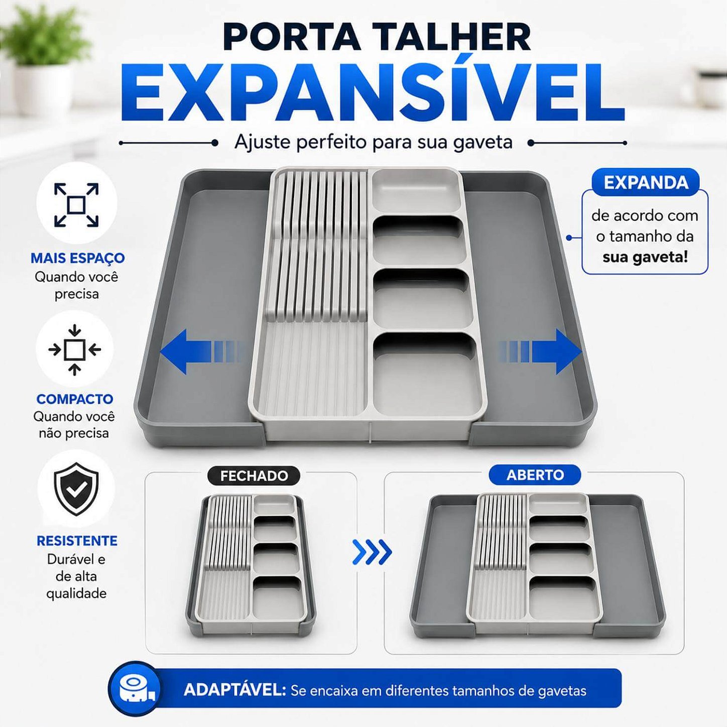 Organizador Ajustável para Talheres e Utensílios de Cozinha