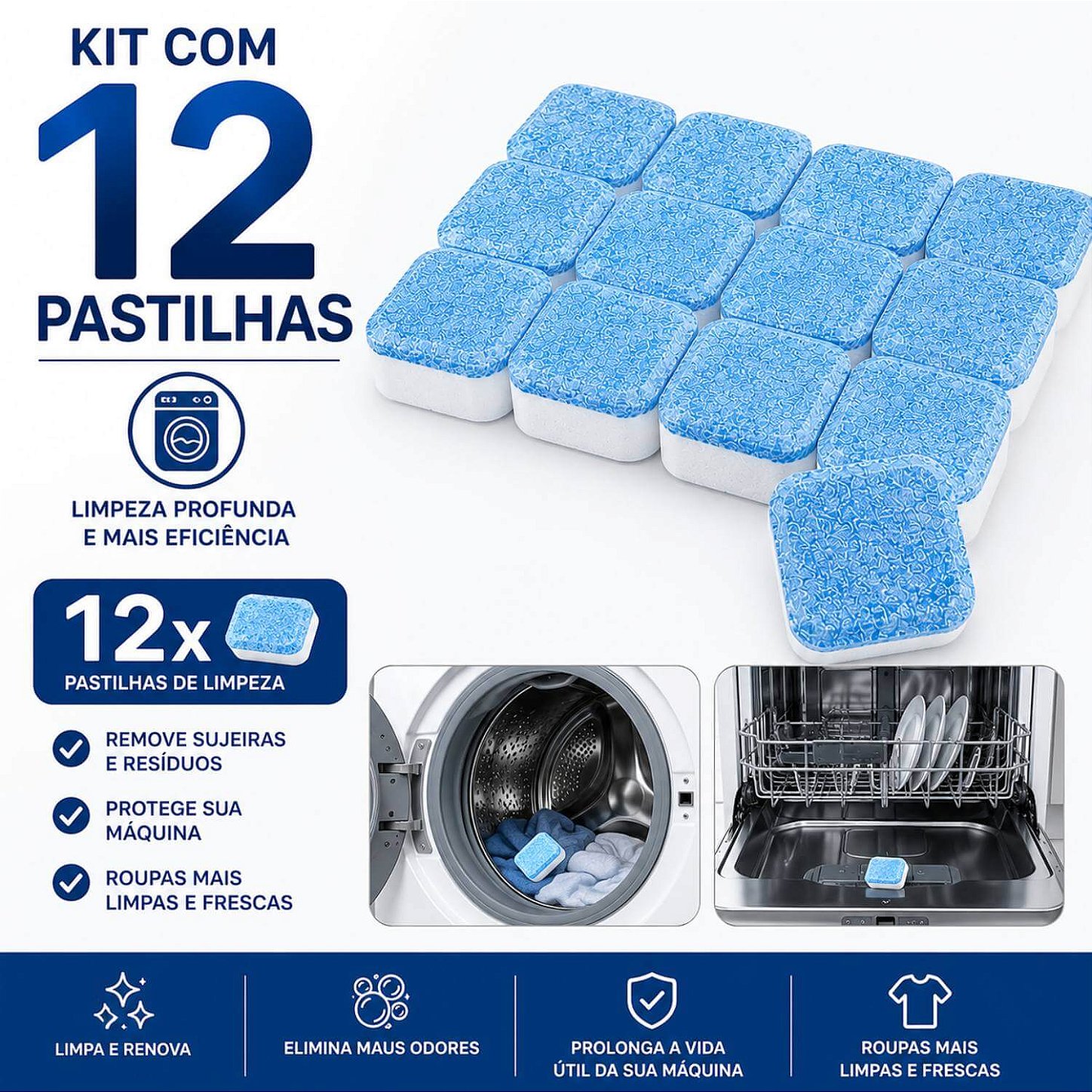 Kit 12 Pastilhas para Limpeza Higienizar Máquina de Lavar