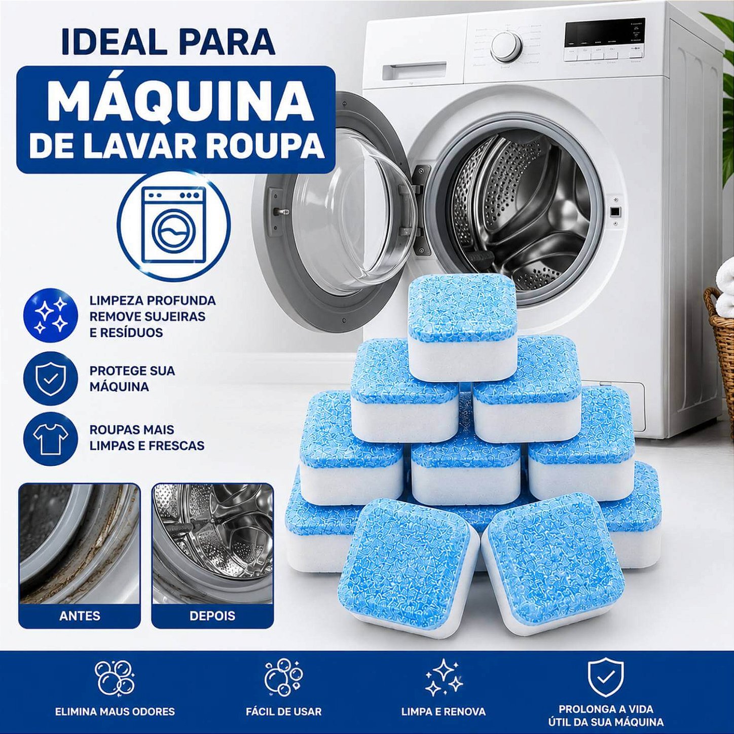 Kit 12 Pastilhas para Limpeza Higienizar Máquina de Lavar