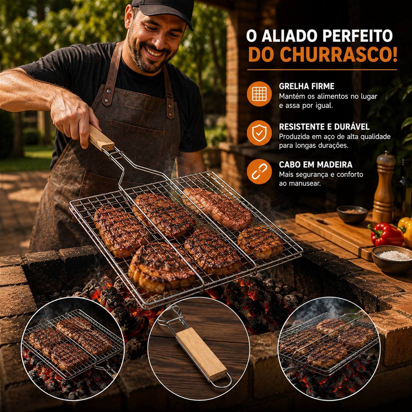 Grelha Dupla Churrasco Inox Cabo Madeira 34x22cm