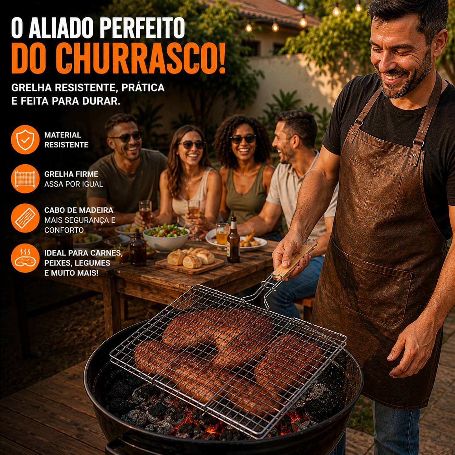 Grelha Dupla Churrasco Inox Cabo Madeira 34x22cm