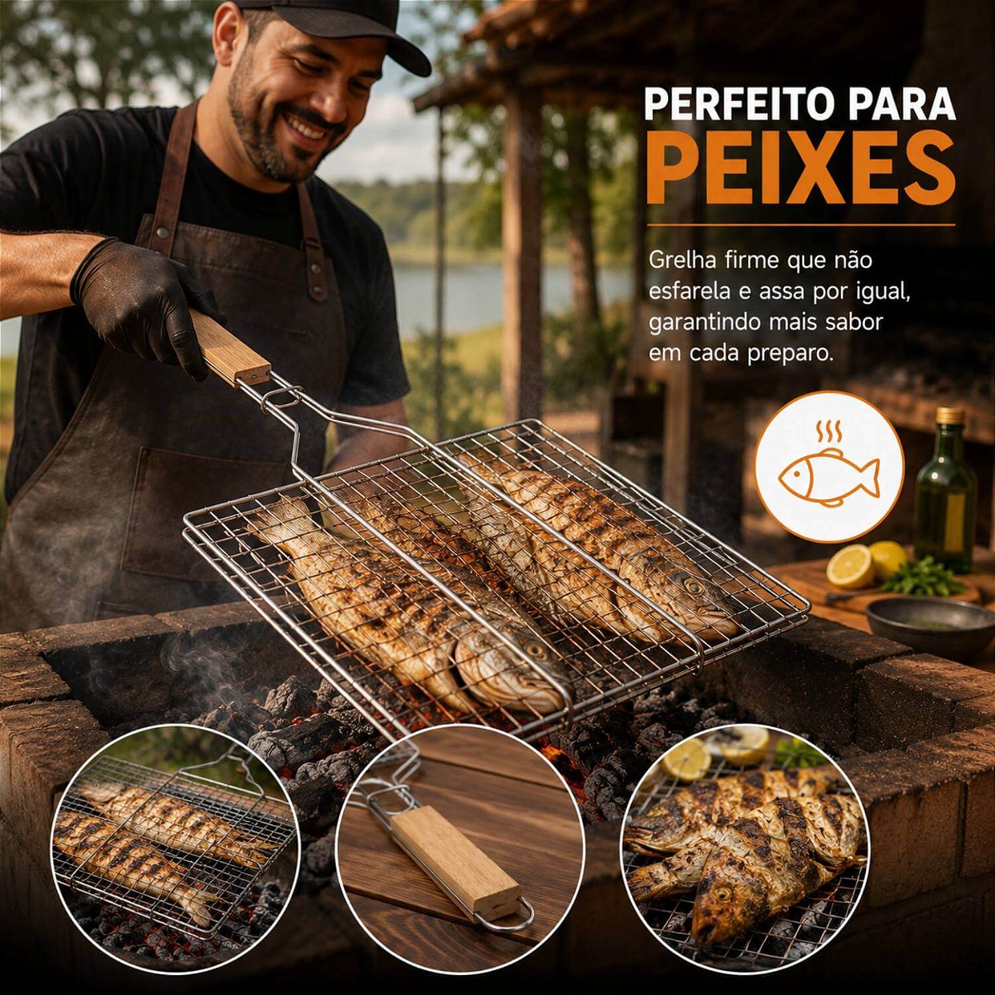 Grelha Dupla Churrasco Inox Cabo Madeira 34x22cm