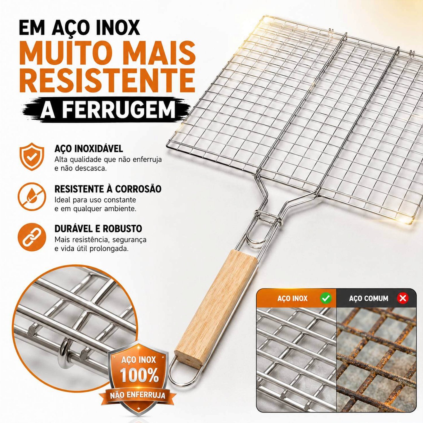 Grelha Dupla Churrasco Inox Cabo Madeira 34x22cm