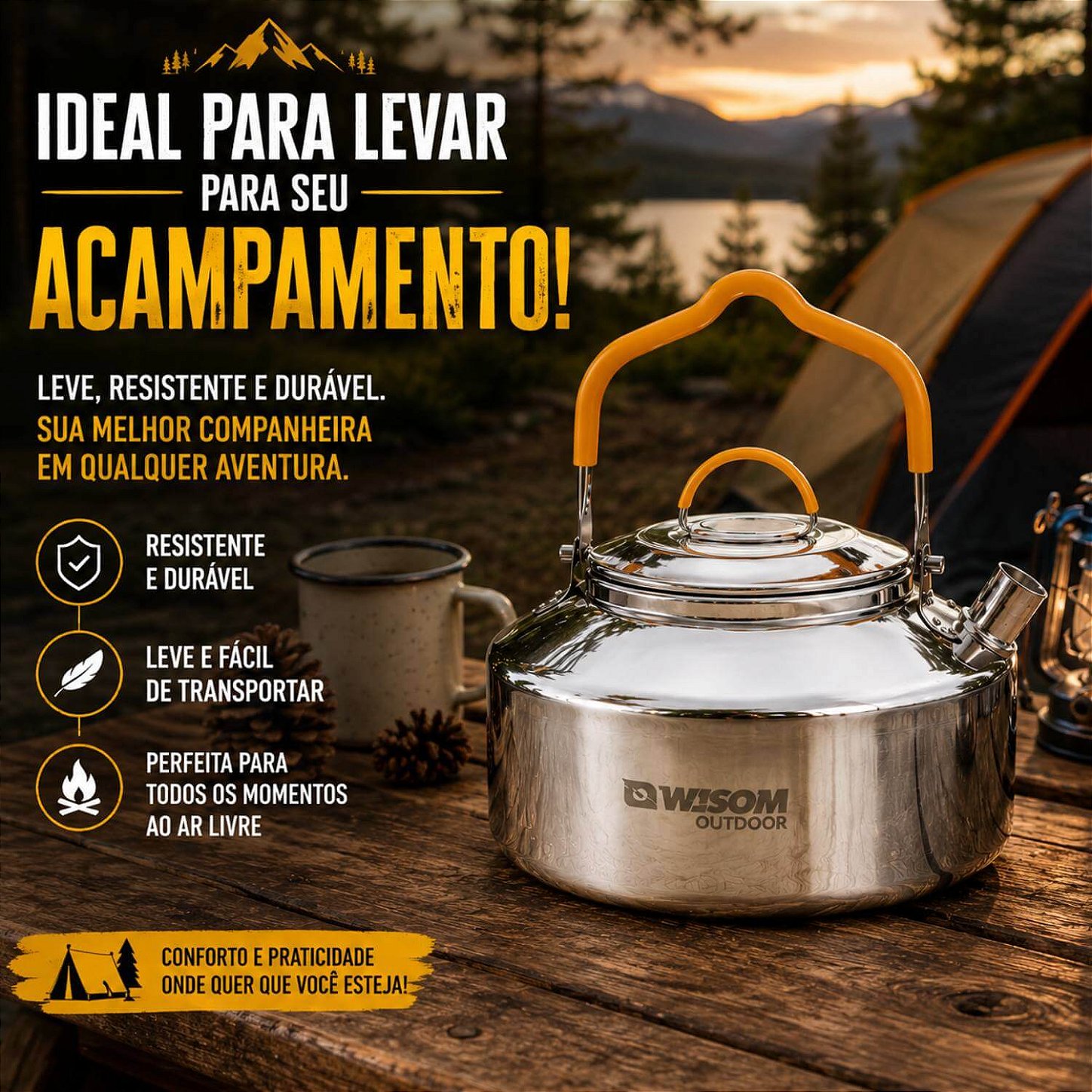 Chaleira em Inox Camping Pesca