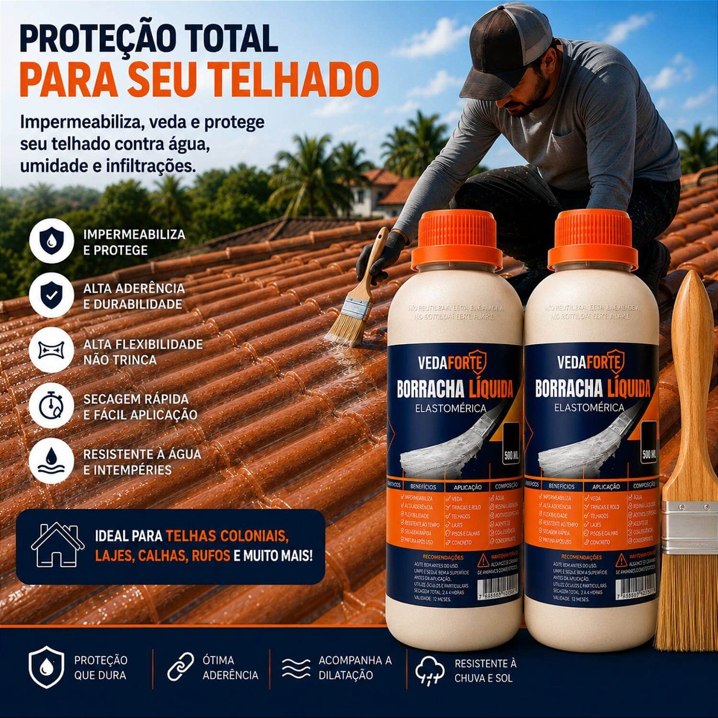 Kit 2 Borracha Líquida Impermeabilizante Veda Forte com Pincel [500ml]