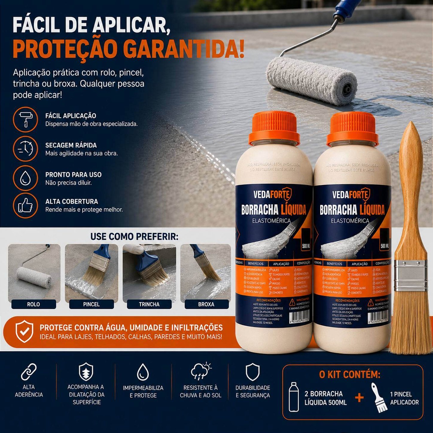 Kit 2 Borracha Líquida Impermeabilizante Veda Forte com Pincel [500ml]