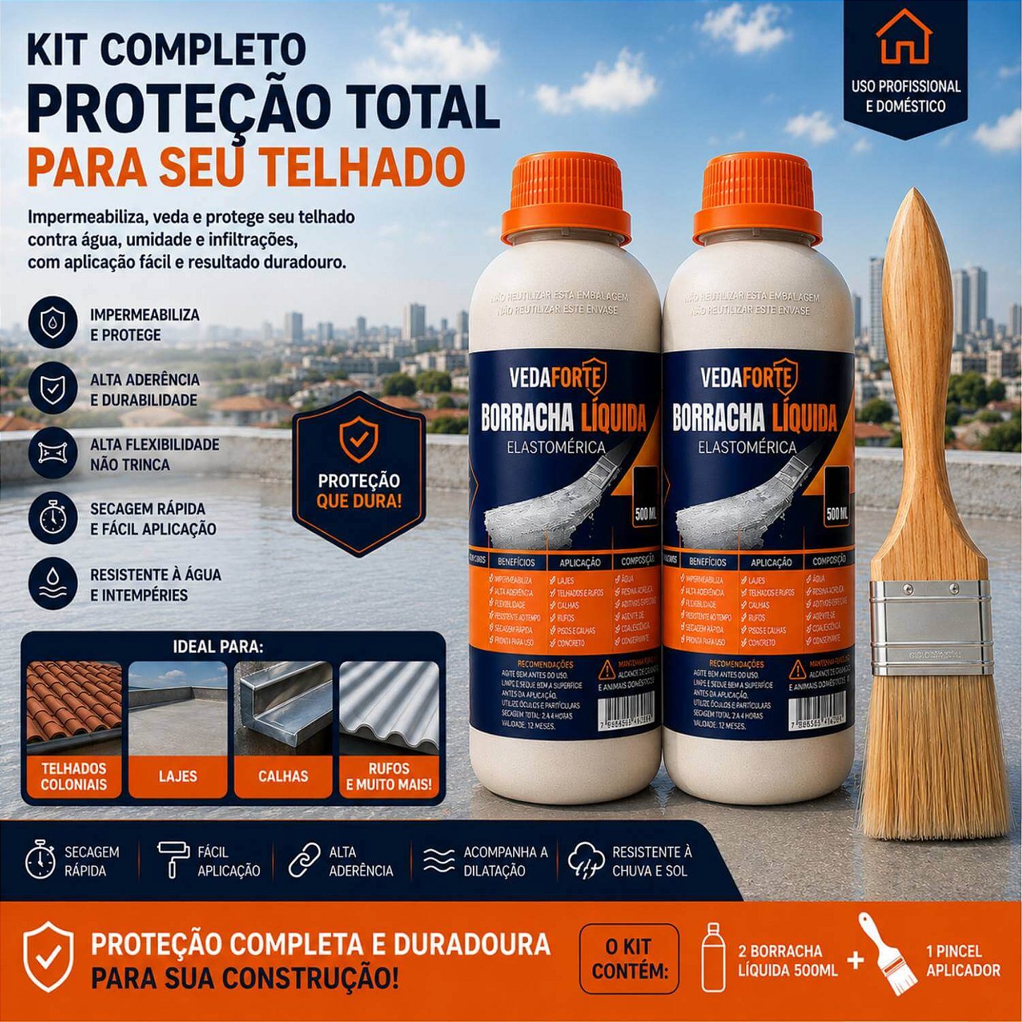 Kit 2 Borracha Líquida Impermeabilizante Veda Forte com Pincel [500ml]