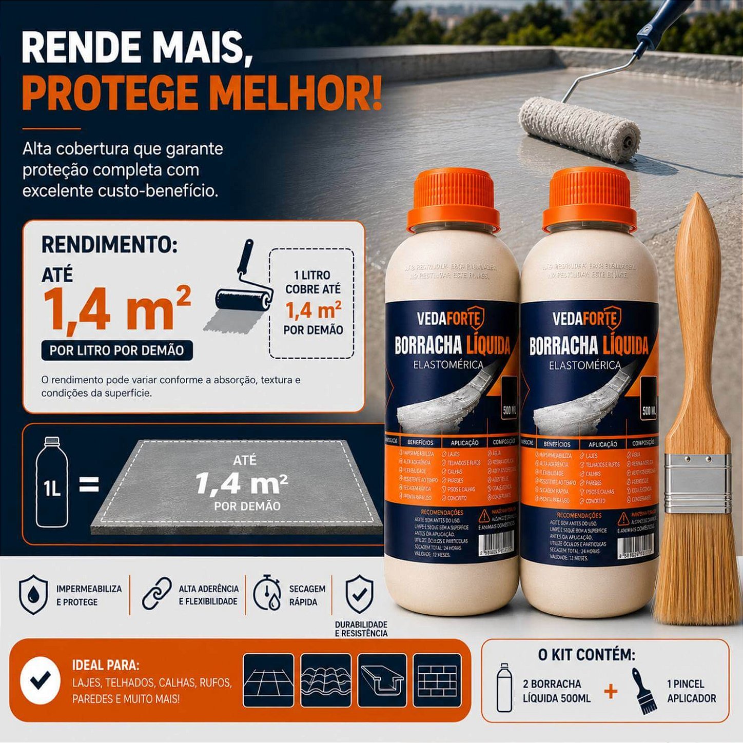 Kit 2 Borracha Líquida Impermeabilizante Veda Forte com Pincel [500ml]