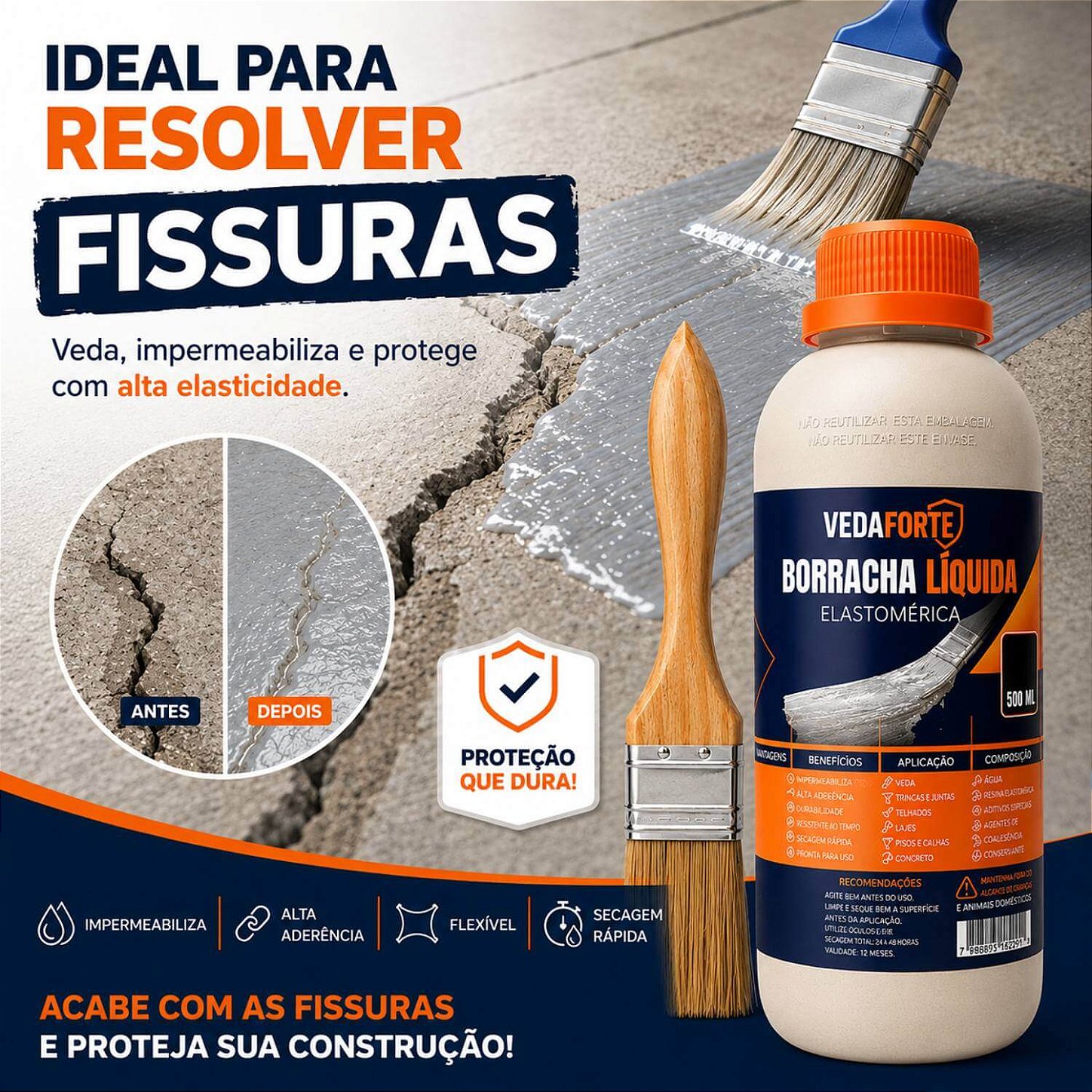 Kit Borracha Líquida Impermeabilizante Veda Forte com Pincel [500ml]