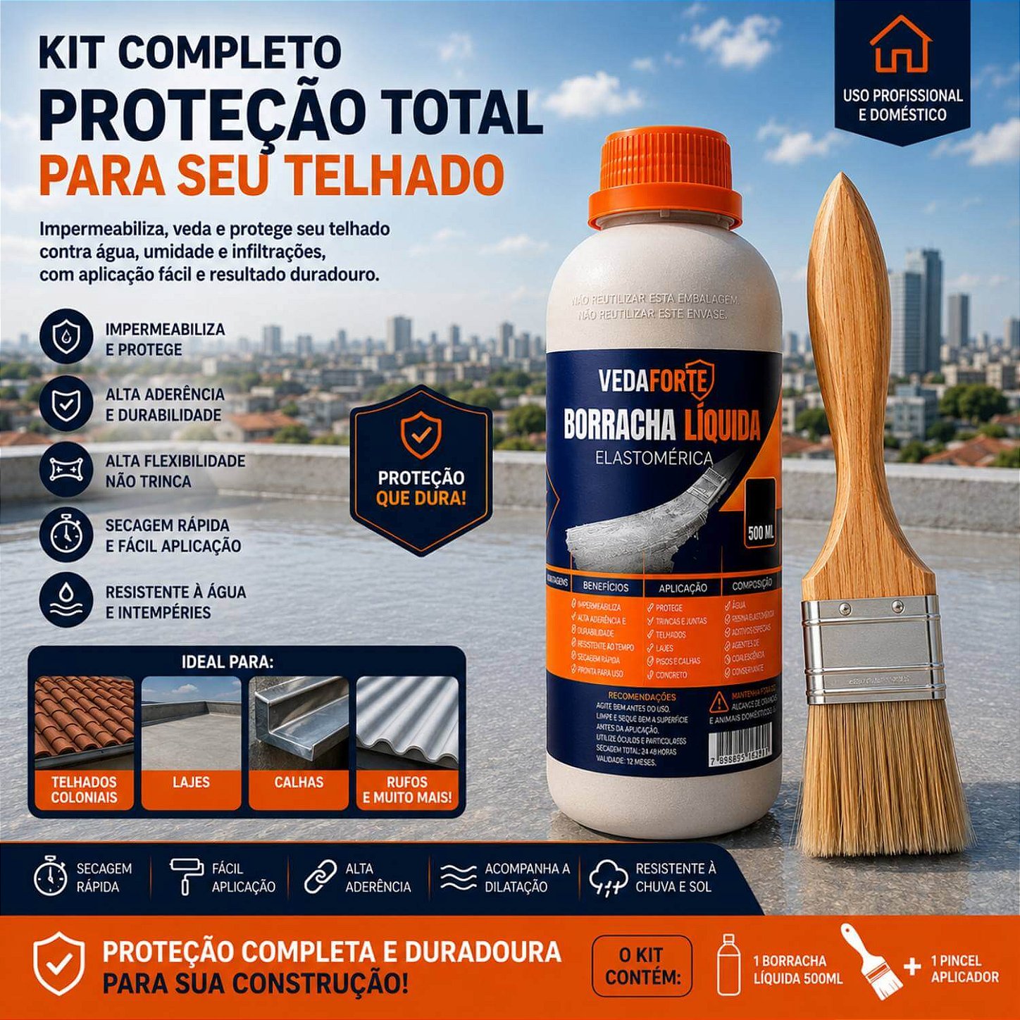 Kit Borracha Líquida Impermeabilizante Veda Forte com Pincel [500ml]