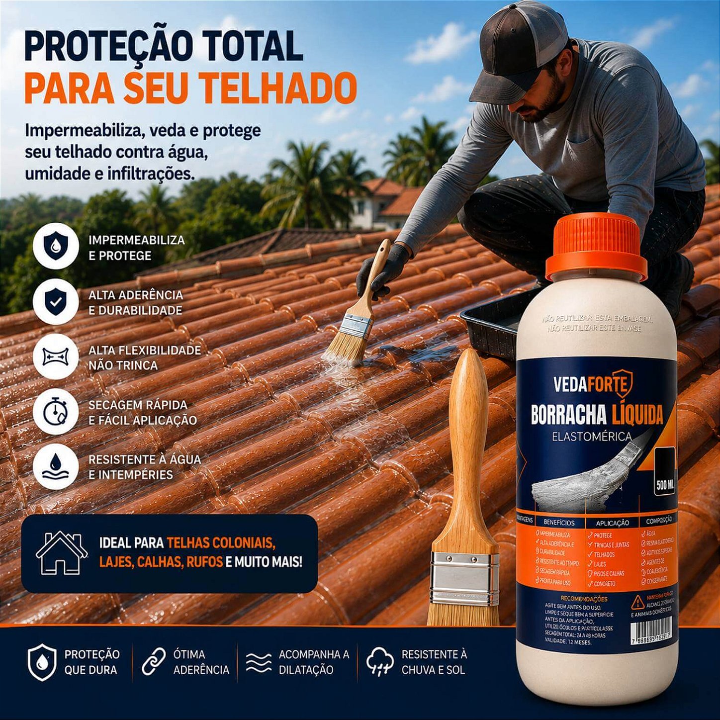 Kit Borracha Líquida Impermeabilizante Veda Forte com Pincel [500ml]