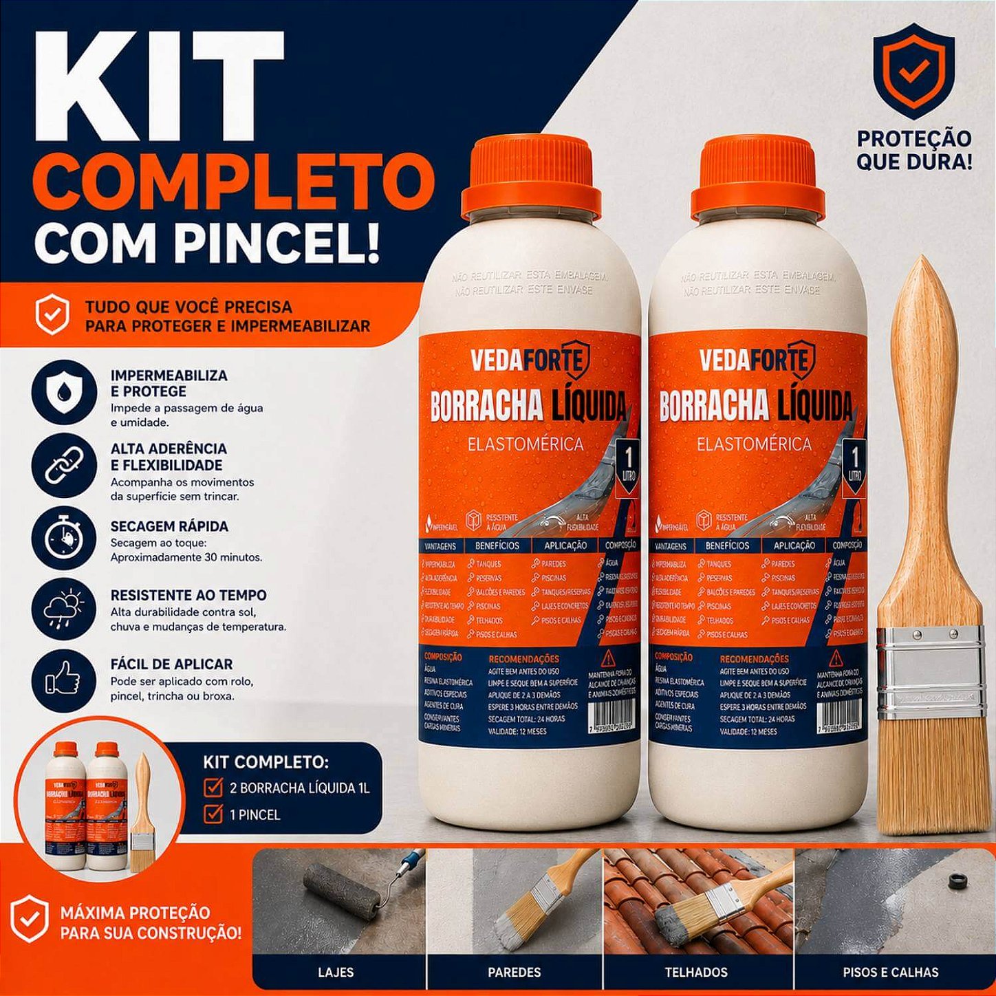Kit 2 Borracha Líquida Impermeabilizante Veda Forte com Pincel [1 Litro]