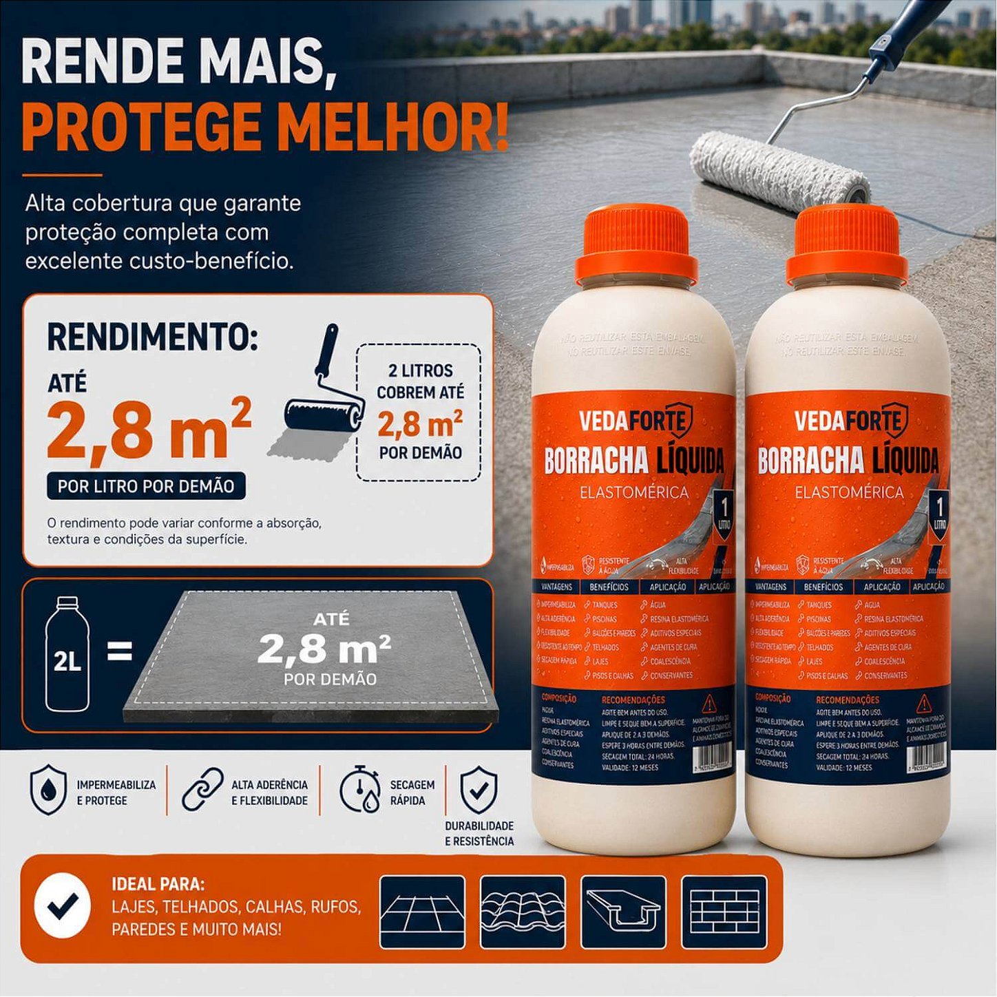 Kit 2 Borracha Líquida Impermeabilizante Veda Forte com Pincel [1 Litro]
