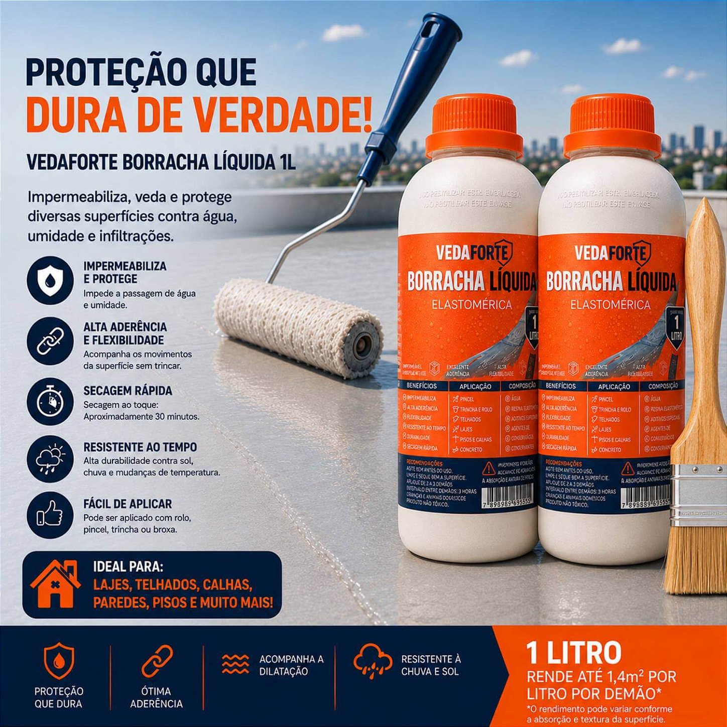 Kit 2 Borracha Líquida Impermeabilizante Veda Forte com Pincel [1 Litro]