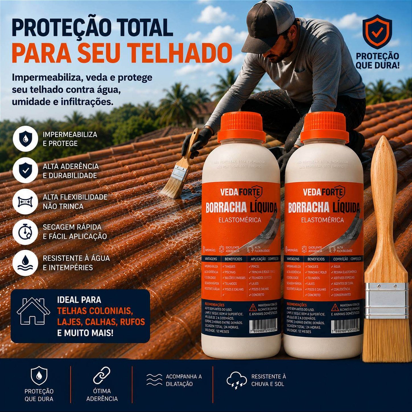Kit 2 Borracha Líquida Impermeabilizante Veda Forte com Pincel [1 Litro]