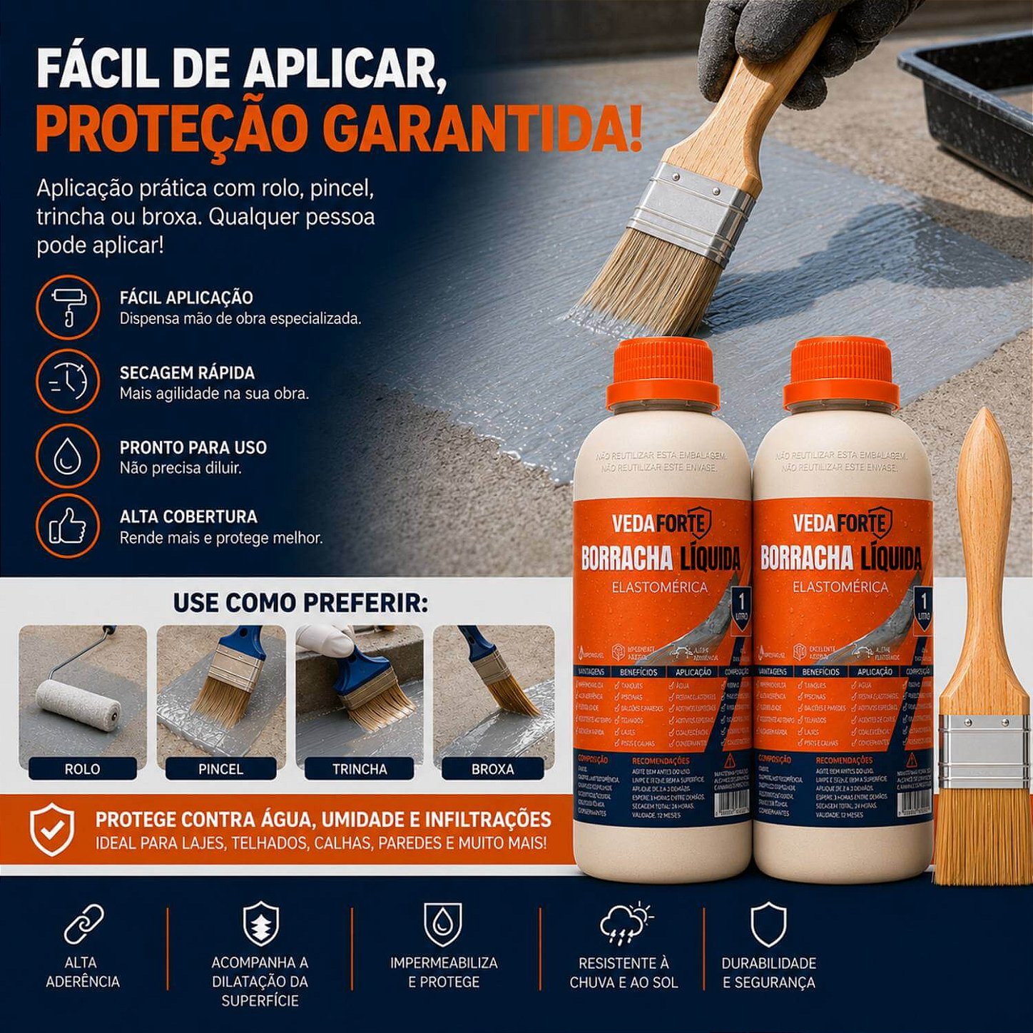 Kit 2 Borracha Líquida Impermeabilizante Veda Forte com Pincel [1 Litro]