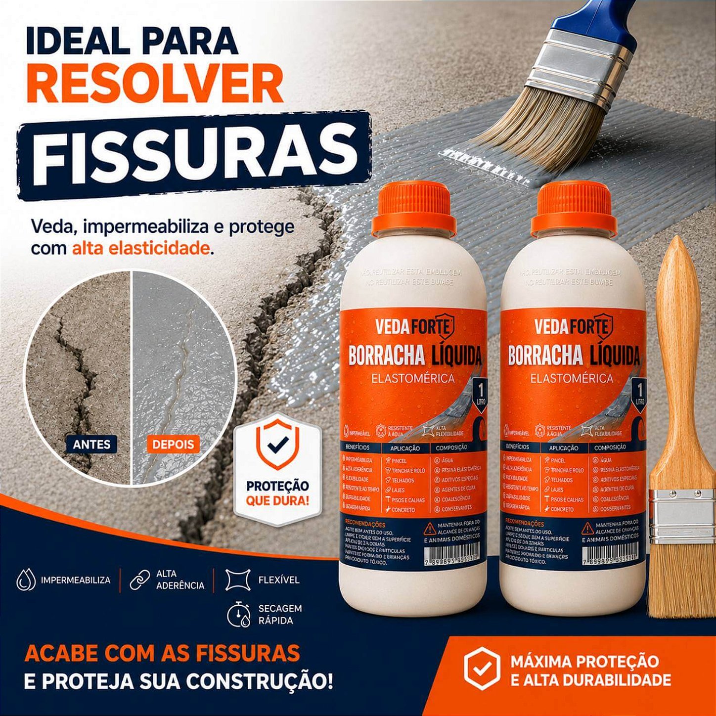 Kit 2 Borracha Líquida Impermeabilizante Veda Forte com Pincel [1 Litro]