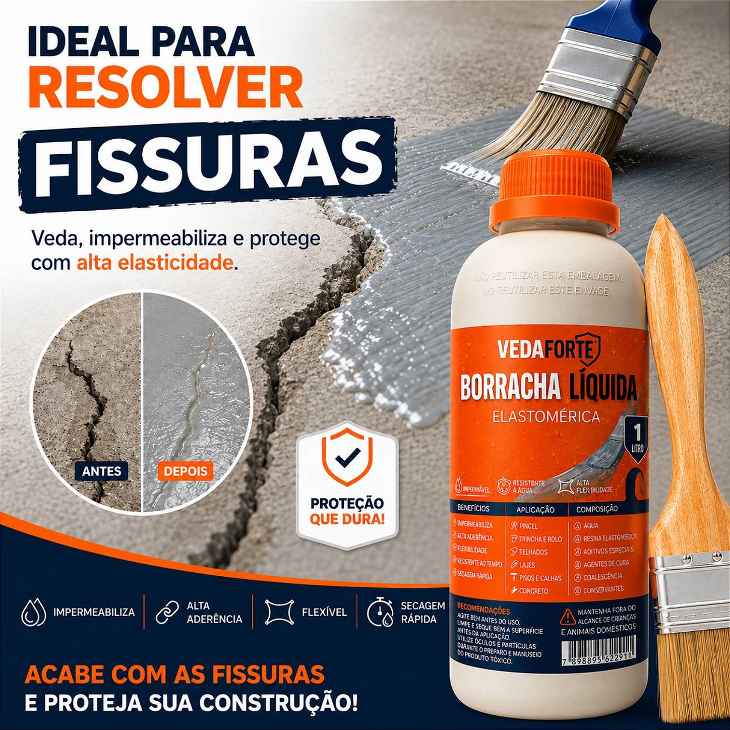 Kit Borracha Líquida Impermeabilizante Veda Forte com Pincel [1 Litro]