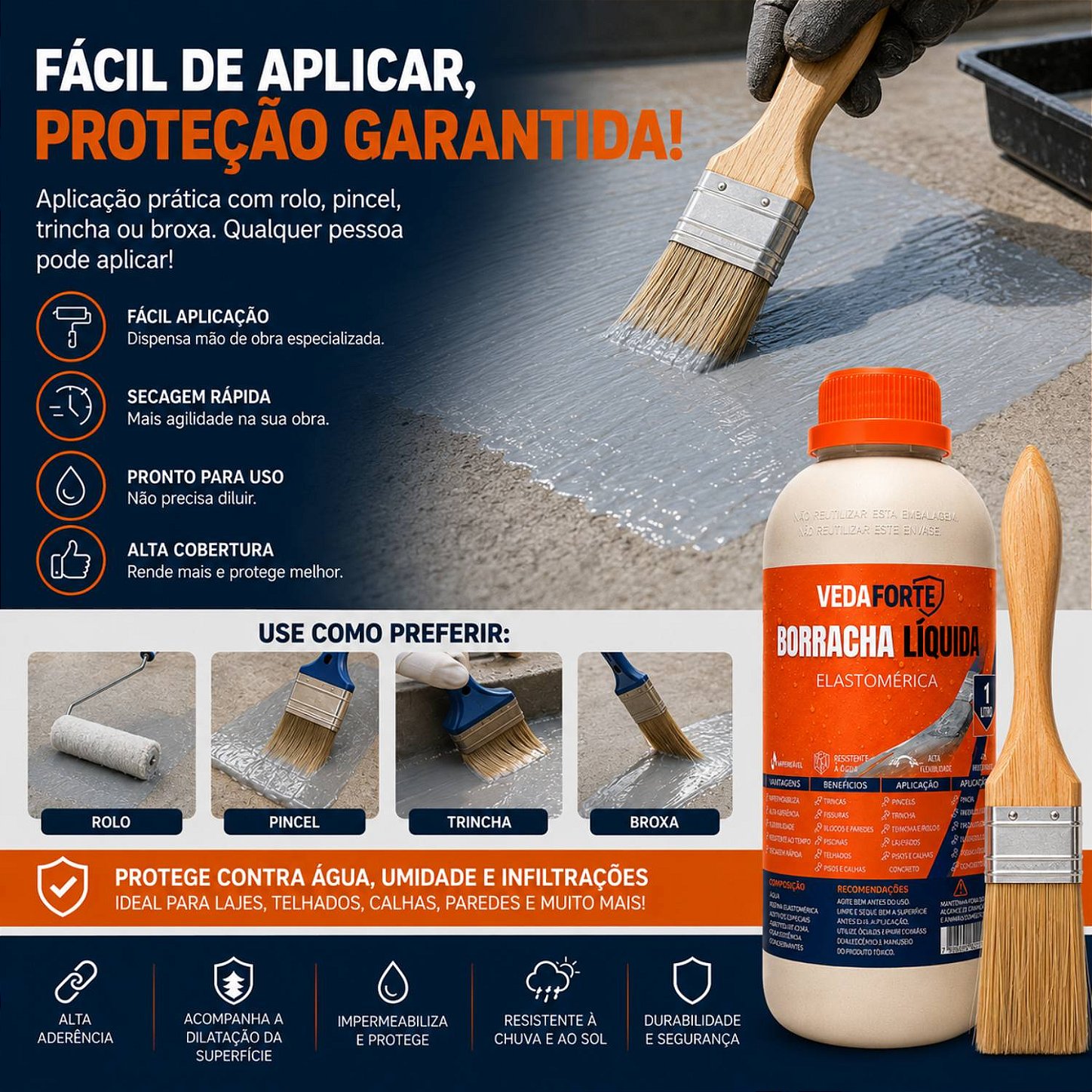 Kit Borracha Líquida Impermeabilizante Veda Forte com Pincel [1 Litro]