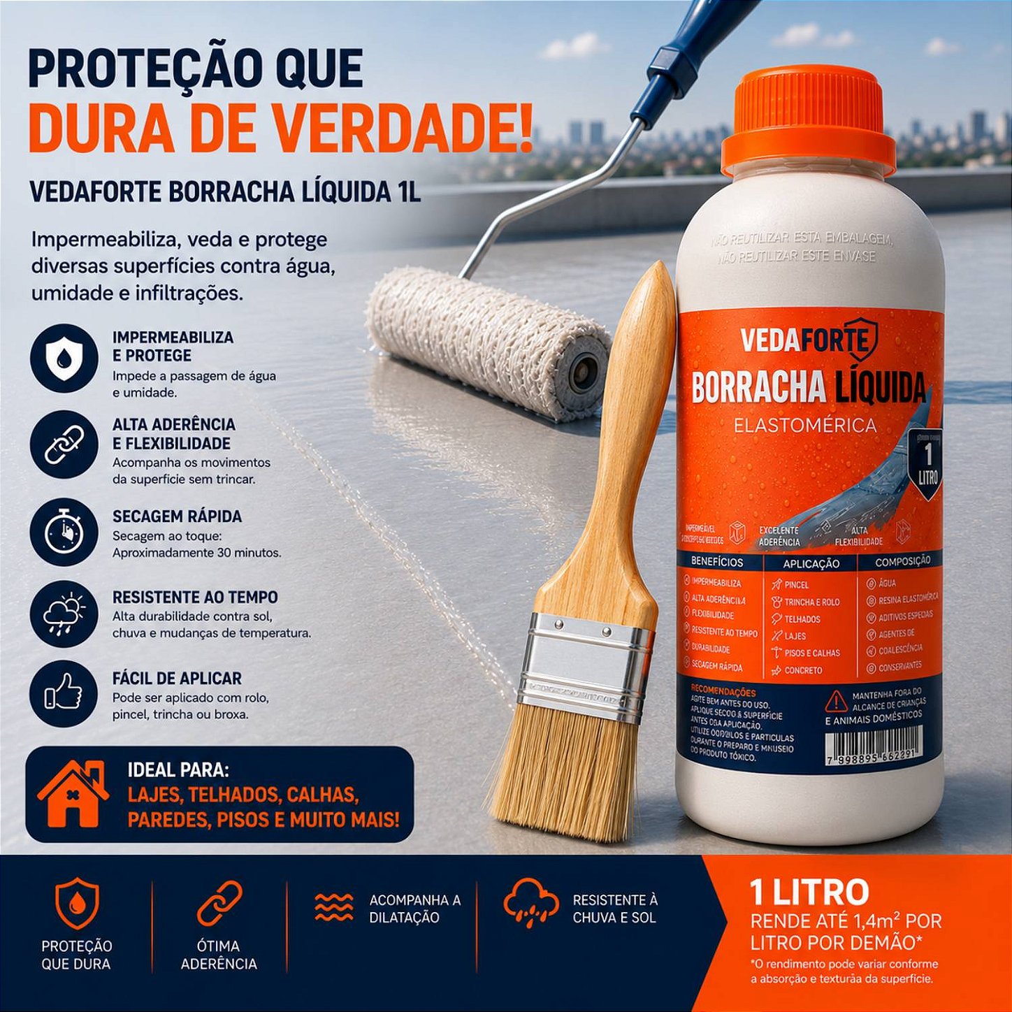Kit Borracha Líquida Impermeabilizante Veda Forte com Pincel [1 Litro]
