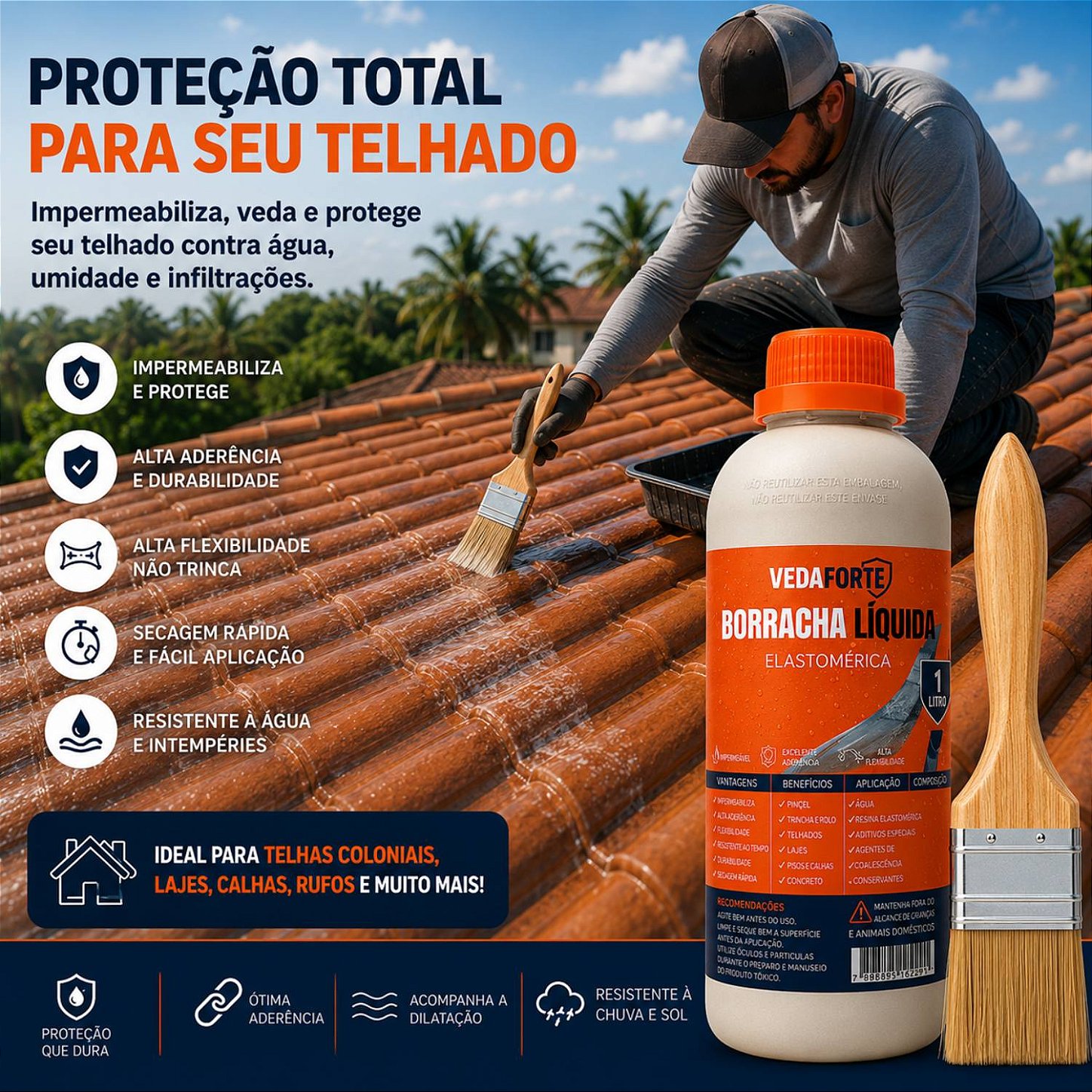 Kit Borracha Líquida Impermeabilizante Veda Forte com Pincel [1 Litro]