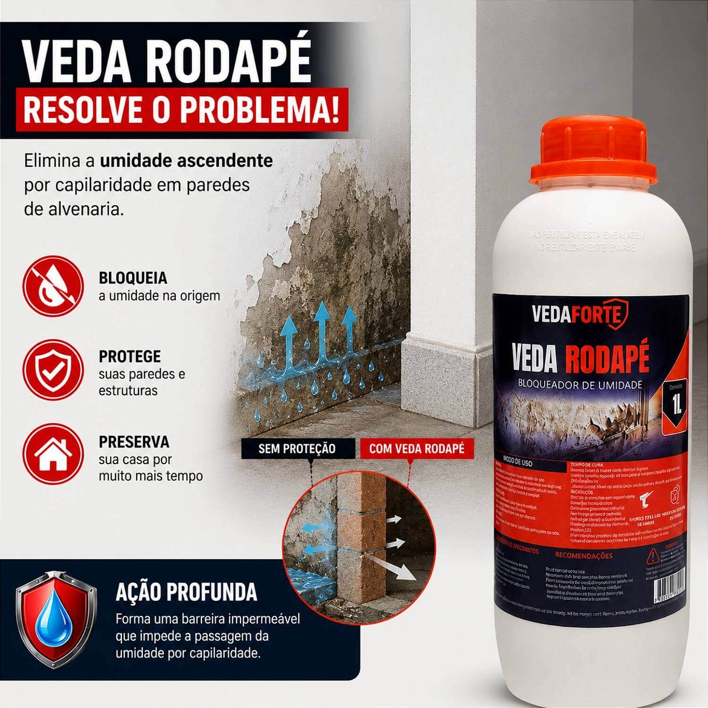 Veda Rodapé Impermeabilizante Bloqueador de Umidade 1L + Seringa 10ml