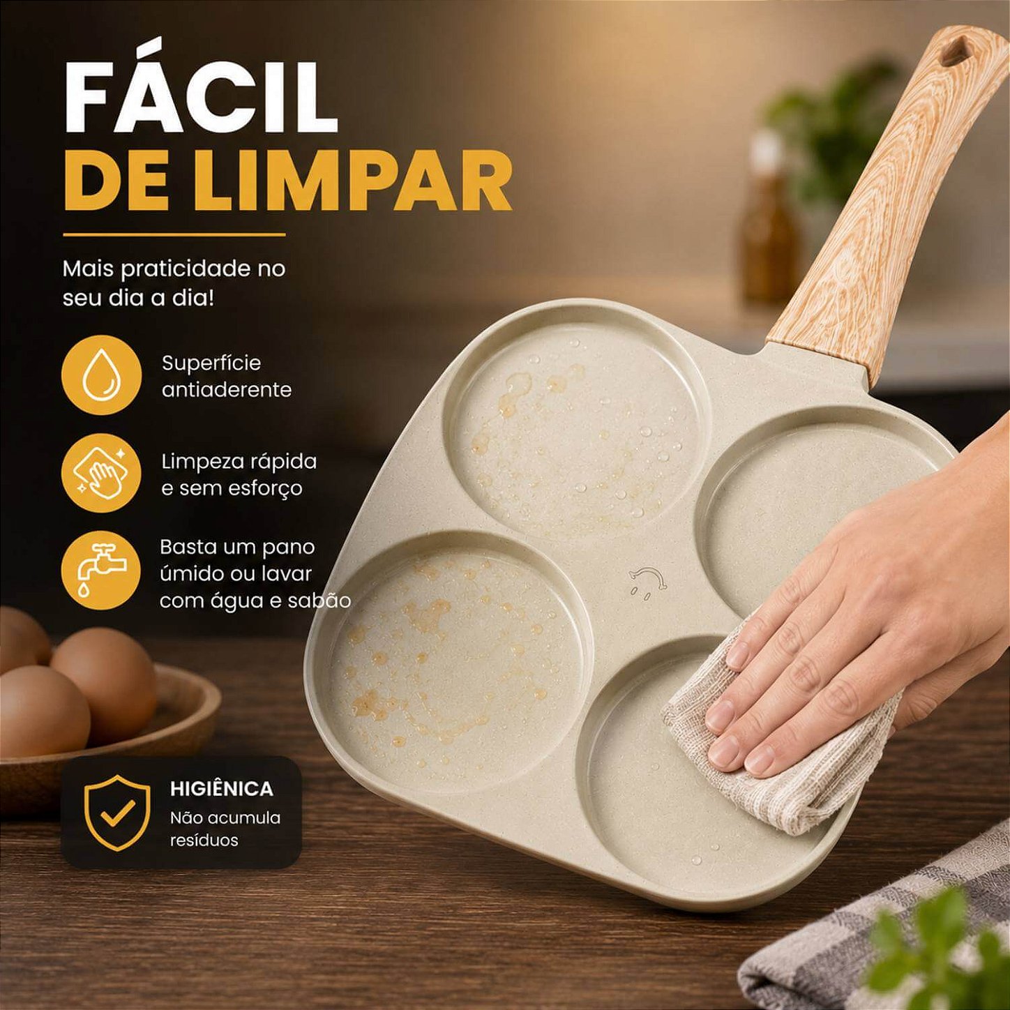 Frigideira Antiaderente com 4 Divisórias para Ovos e Hambúrguer